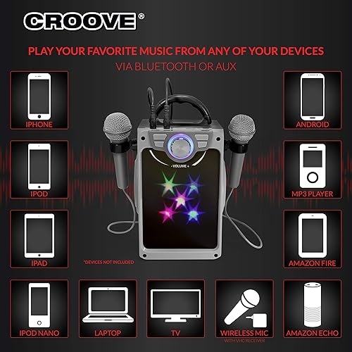 Miniatura 5 de Croove Máquina de karaoke recargable para niños, incluye 2 micrófonos con luces de disco intermitentes, Bluetooth, puertos AUX y USB, máquina de