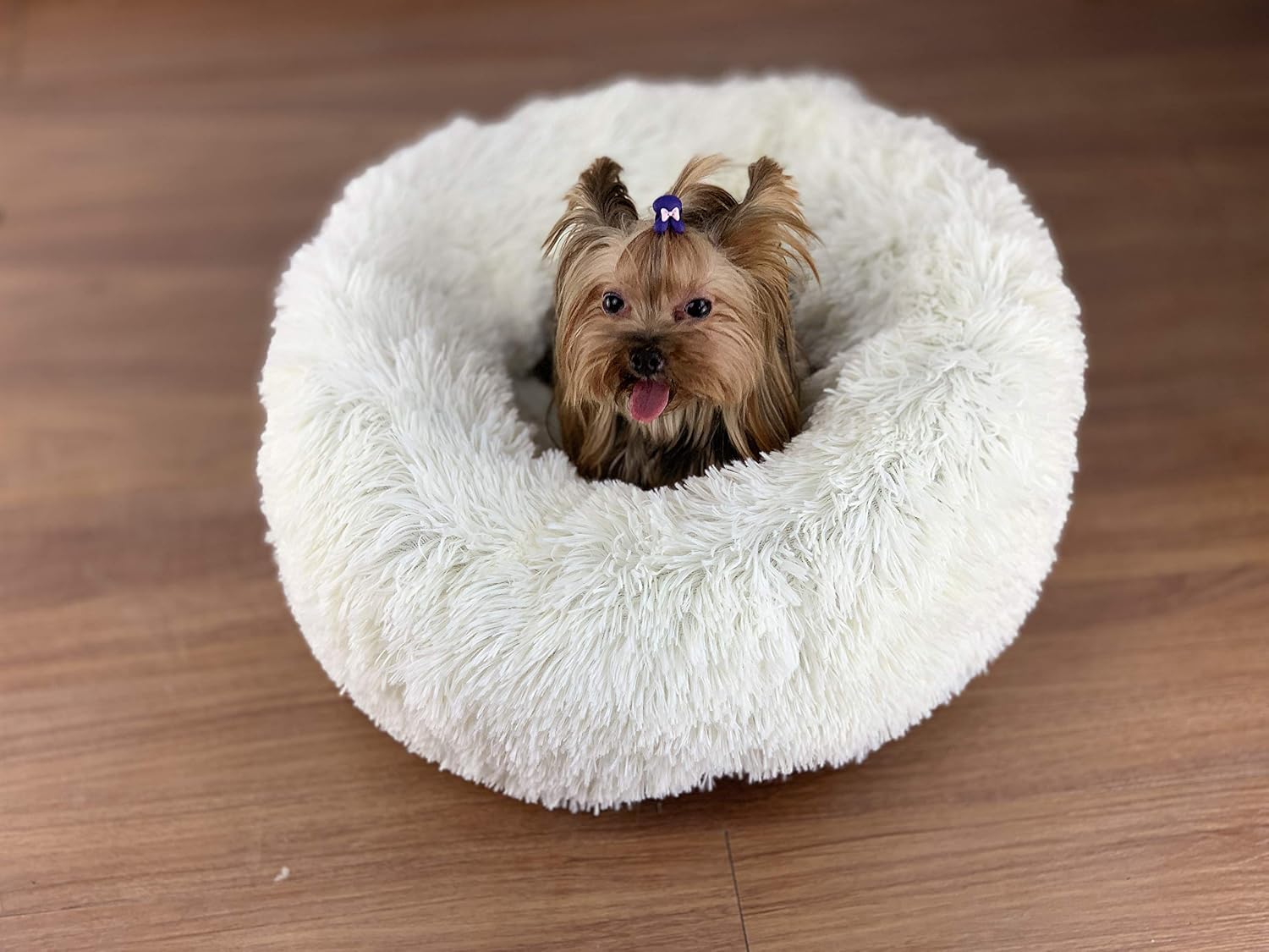 Round Pet Bed, Plush Soft Washable Self-Warming Calming Dog Bed Donut Cuddler Round Dog Bed Comfortable for Sleeping Winter(White,60cm)