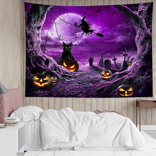 Miniatura 2 de LB Luces de calabaza de Halloween, gato y árbol muerto, espeluznante tapiz de cementerio con luna llena sobre bosque brumoso, 60 x 40 pulgadas para