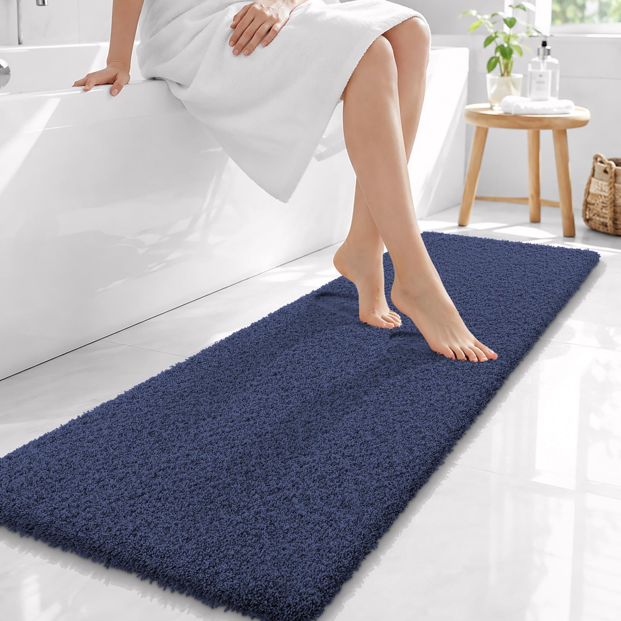 OLANLY Microfiber Bathroom Runner Rugs 59x20, Soft Absorbent Bath Mat, Navy