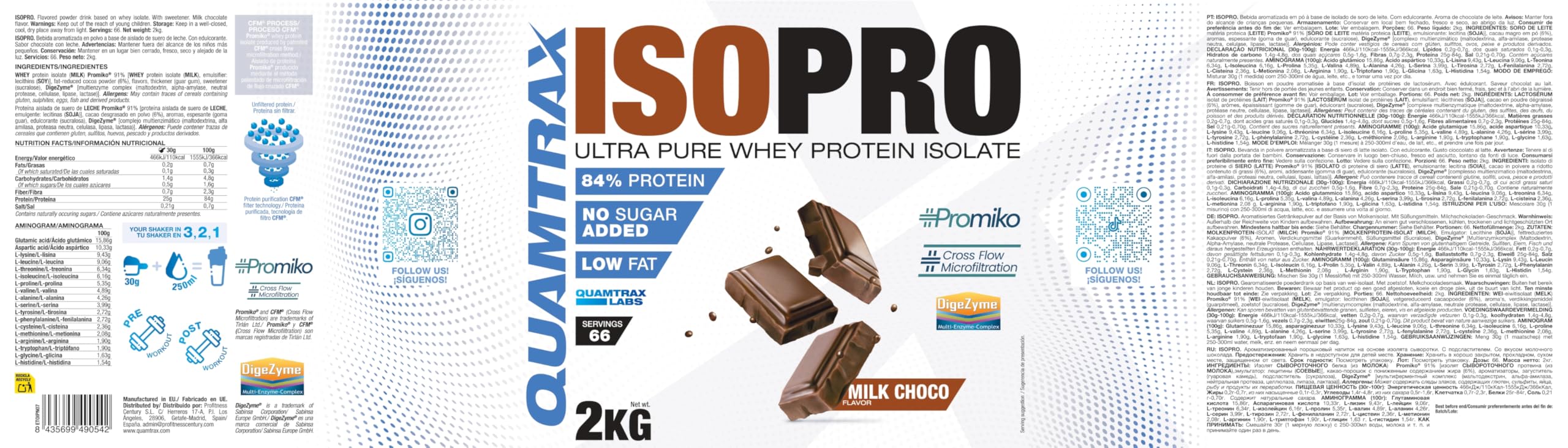 Quamtrax Nutrition - Isopro CFM (Aislado de Proteínas de Suero de Leche) - 2 kg - Sabor Chocolate con Leche - Alto contenido proteico, rápida absorción y bajo en grasas