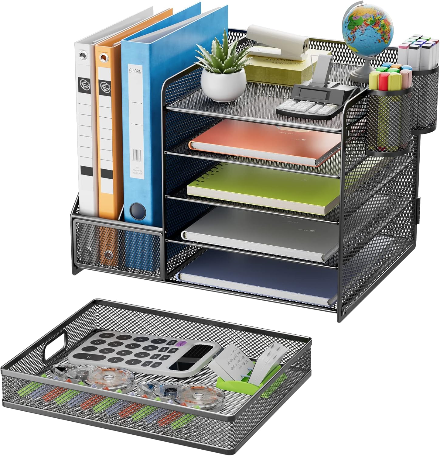 Lavatino Desk Organizer with File Holder+Larger Mesh Desk Organizer with Drawers