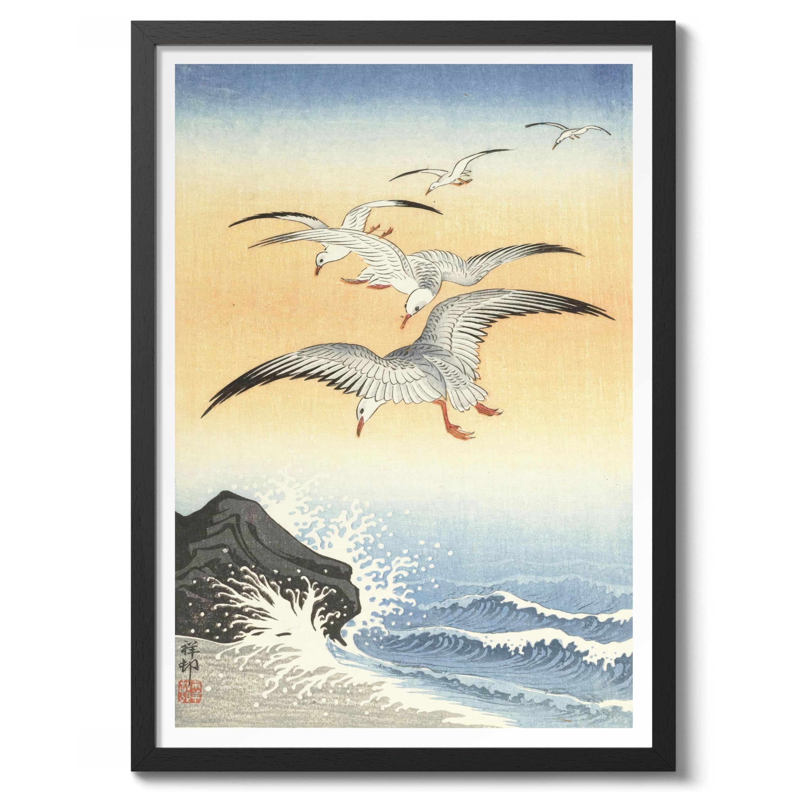 Five Seagulls Above A Stormy Sea Ohara Koson Poster, Japanese Woodblock Ukiyo-E Print, Vintage Bird Art Picture Animal Painting Wall Art, Birds Home Decor, A3 (Black Frame) - 45x32.8cm