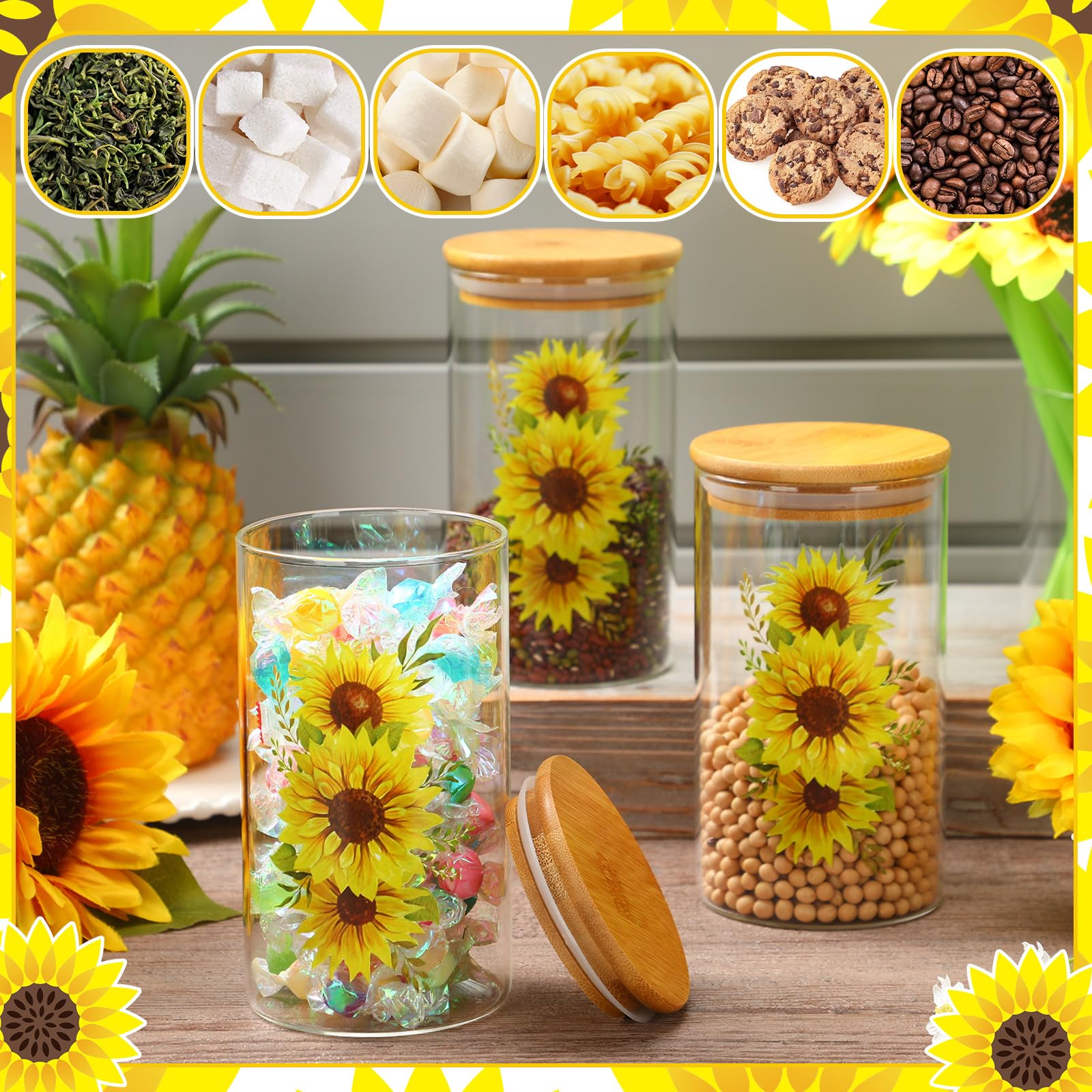 Layhit Set di 3 barattoli in vetro trasparente con girasole e coperchio ermetico in bambù, per chicchi di caffè, biscotti, caramelle, tè, farina
