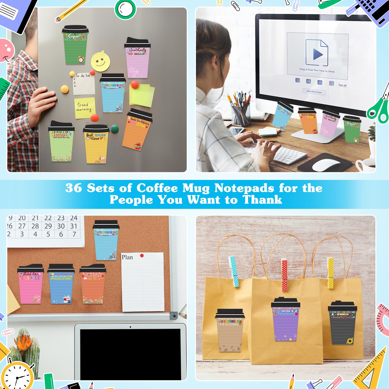 Mkway 24 Set Teacher Appreciation Gifts Bulk - 24 Coffee Cup Notepad+ 24 Ballpoint Pens+ 24 Drawstring Gift Bags, Bulk Gifts for School Office Christmas Teacher's Day Coworker Nurse Employee