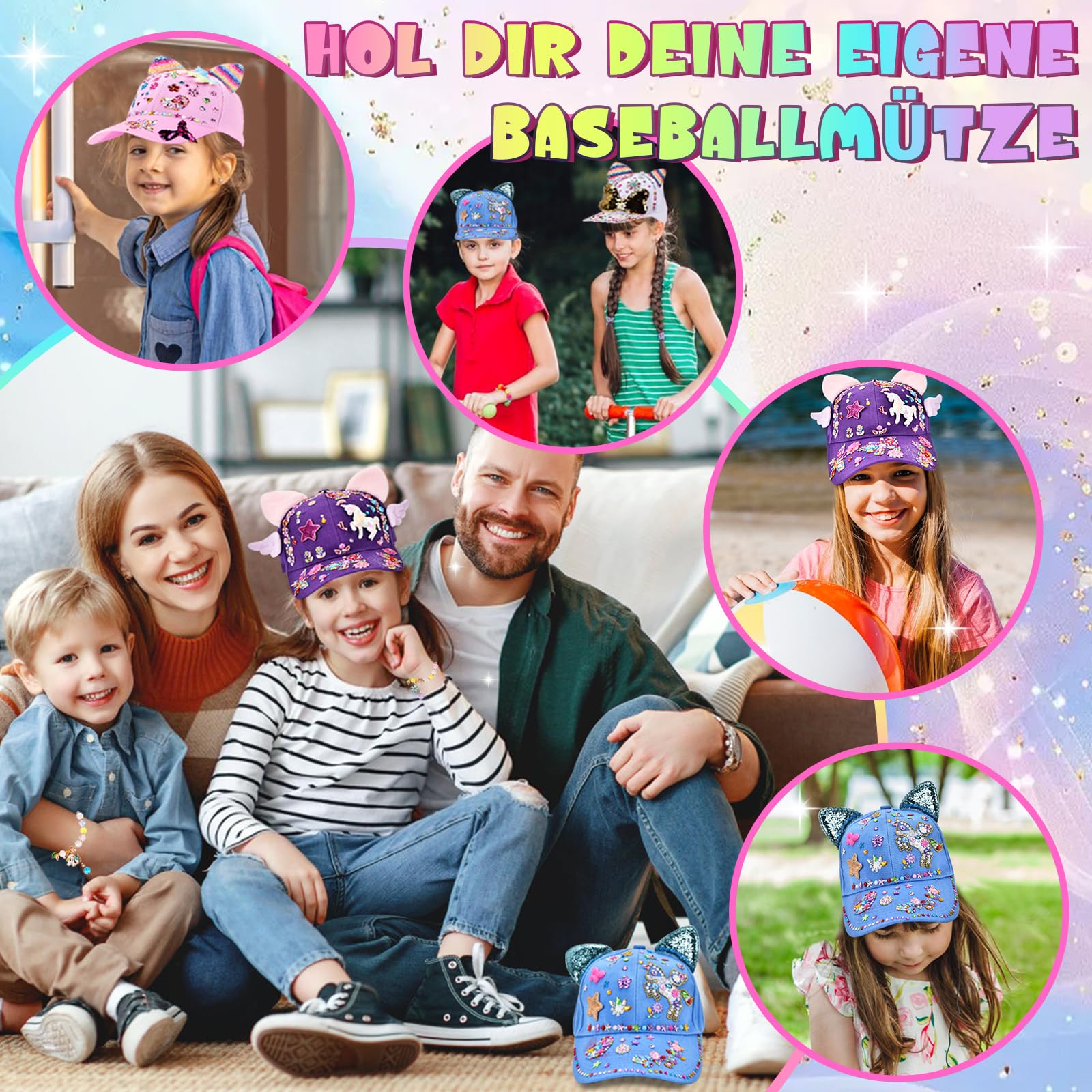 Aragallant Geschenke für Mädchen Baseballkappe Bastelset, 4 PCS DIY Baseballkappe mit Einhorn Armbänder Edelstein Aufklebern Flügel, Schulanfang Geburtstag Geschenk Mädchen 4 5 6 7 8 9 10 Jahre