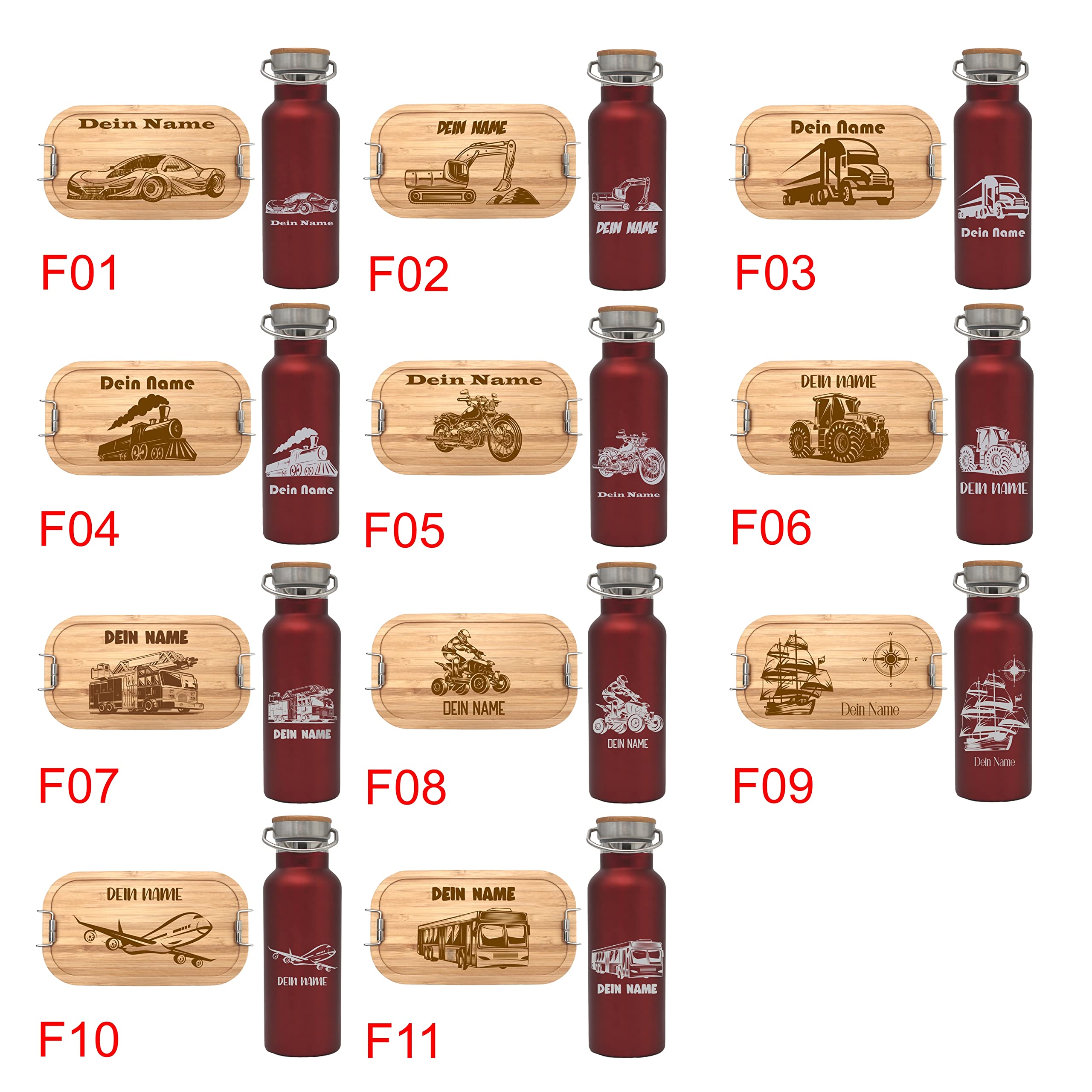 Brotdose 700ml mit Fächern und Trinkflasche 500ml aus Edelstahl mit Namen personalisiert, Lunchbox und Isolierflasche für Kinder und Erwachsene Brotzeitbox (Flasche ROT, Kleine Lunchbox 700ml)