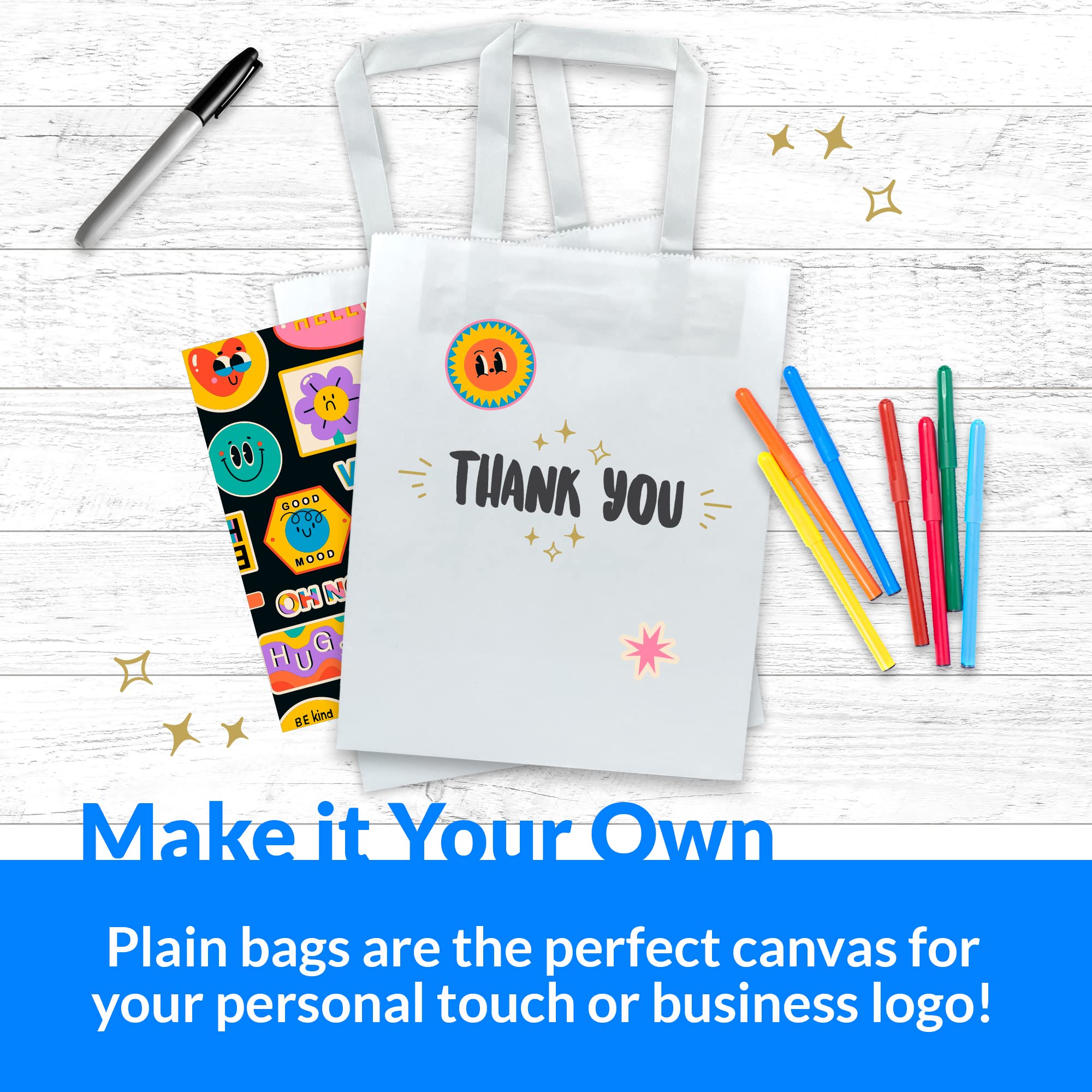 Reli. Bolsas de papel blanco | 110 piezas a granel | 8 x 4.5 x 10.2 pulgadas | Bolsas de papel blanco con asas | Bolsas de regalo de papel kraft / bolsas de compras | Pequeñas bolsas de papel para