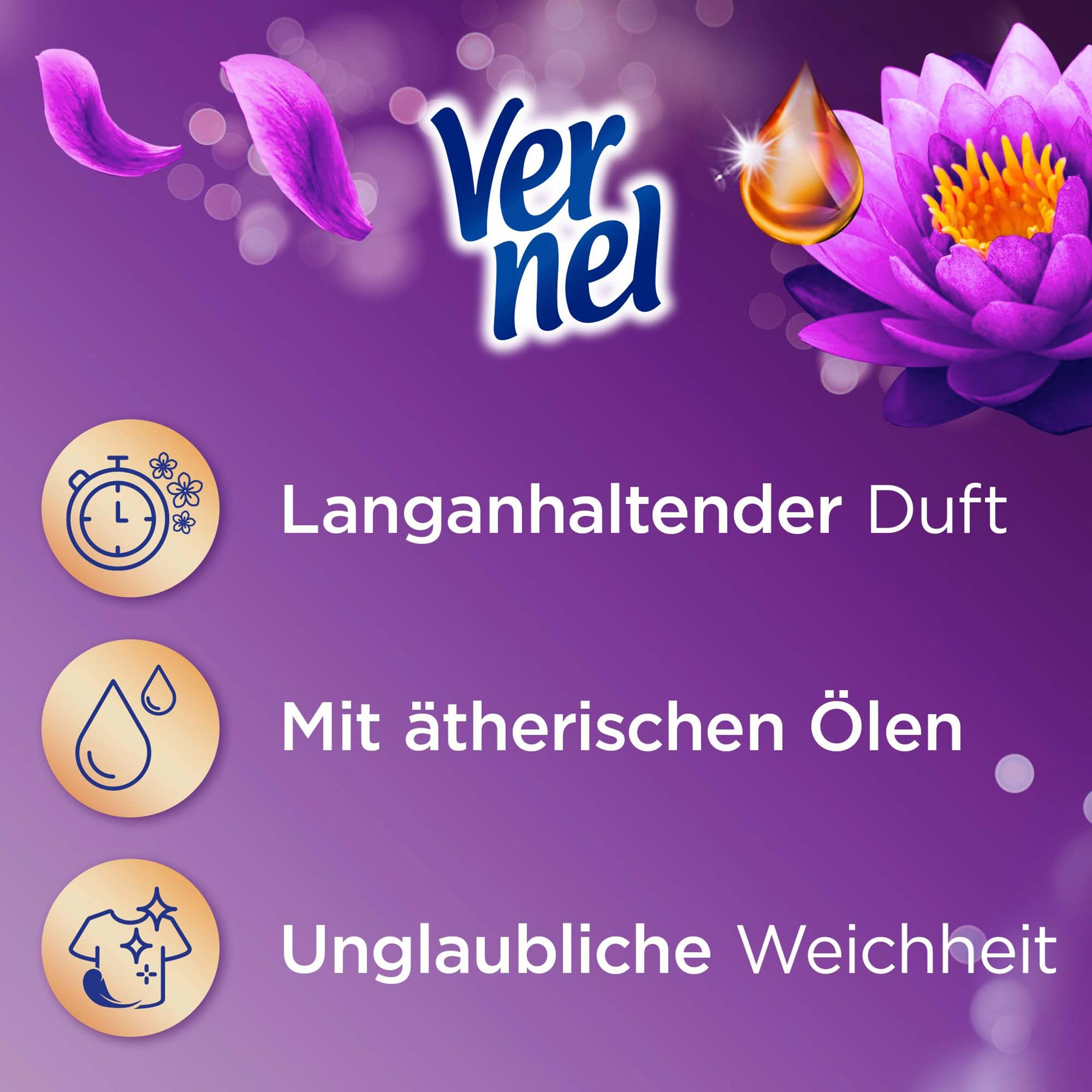 Vernel Aromatherapie Traumhafte Lotusblüte Weichspüler (12x37 Waschladungen), langanhaltender Wäscheduft mit ätherischen Ölen für 24/7 Frische, recycelbare Flasche