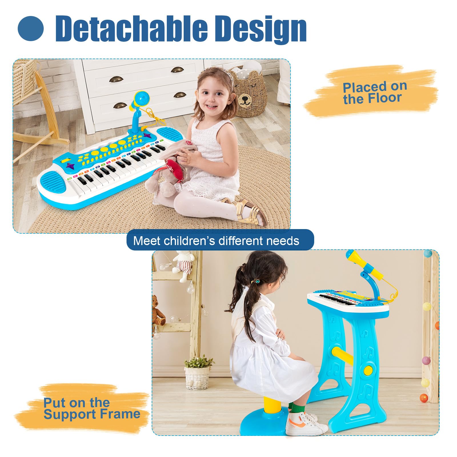 KOMFOTTEU Pianola Bambini Musicale Tastiera, Tastiera Digitale a 31 Tasti, Mini Tastiera per Bambini con Effetti Luminosi e Microfono, Strumenti Musicali con Sgabello, 22 Battiti/8 Toni/7 Ritmi (Blu)