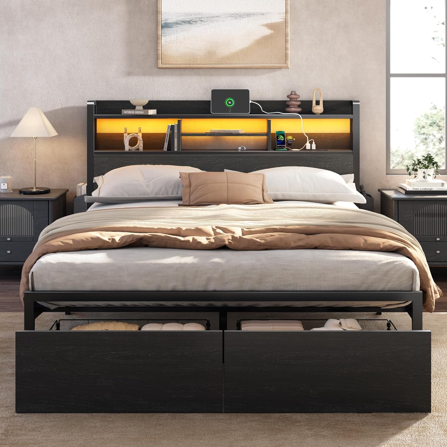 Furnulem Queen Bed Frame with Wood Headboard and Storage Shelf Metal Platform Bed Frame Queen Size with Storage