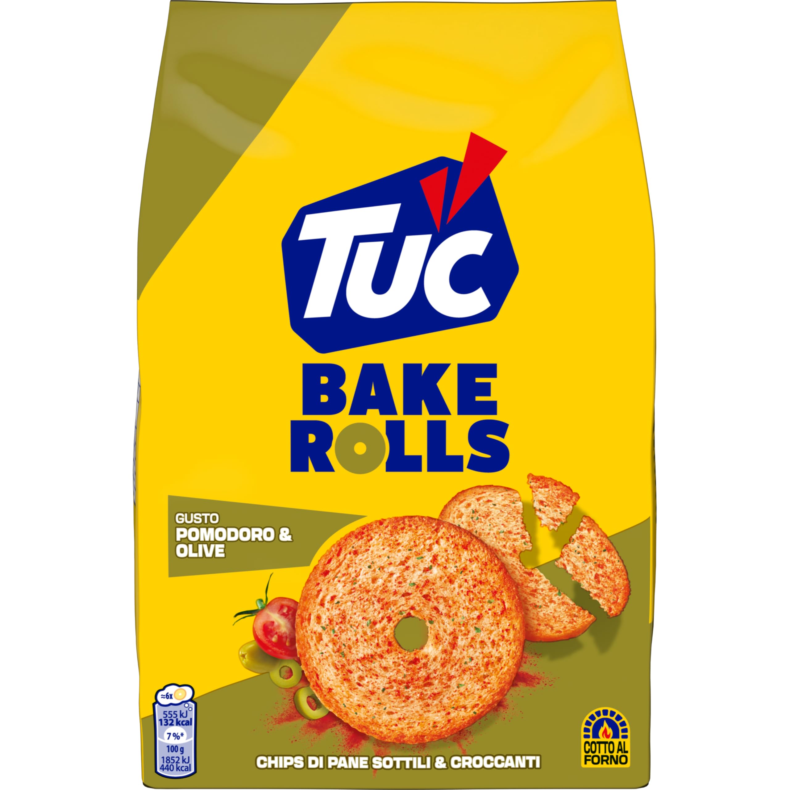 Tuc Bake Rolls, Gusto Pomodoro e Olive, Chips di Pane Cotte al Forno, Sottili e Croccanti, 150g