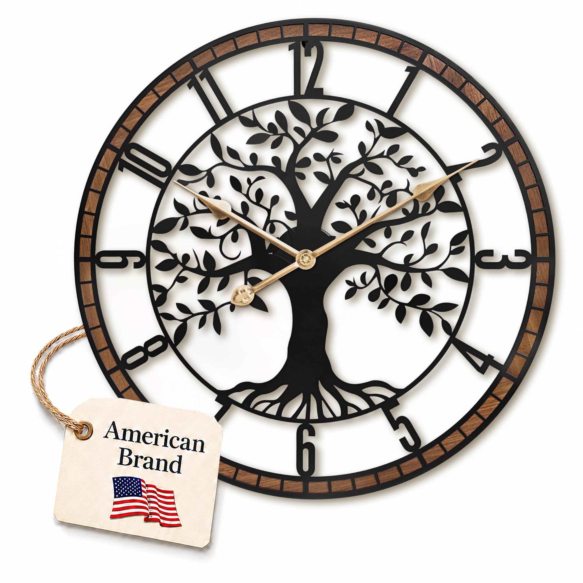 View 1 of 16 Inch Arabic Numerals Tree Wall Clocks for Living Room Decor,Wood Frame