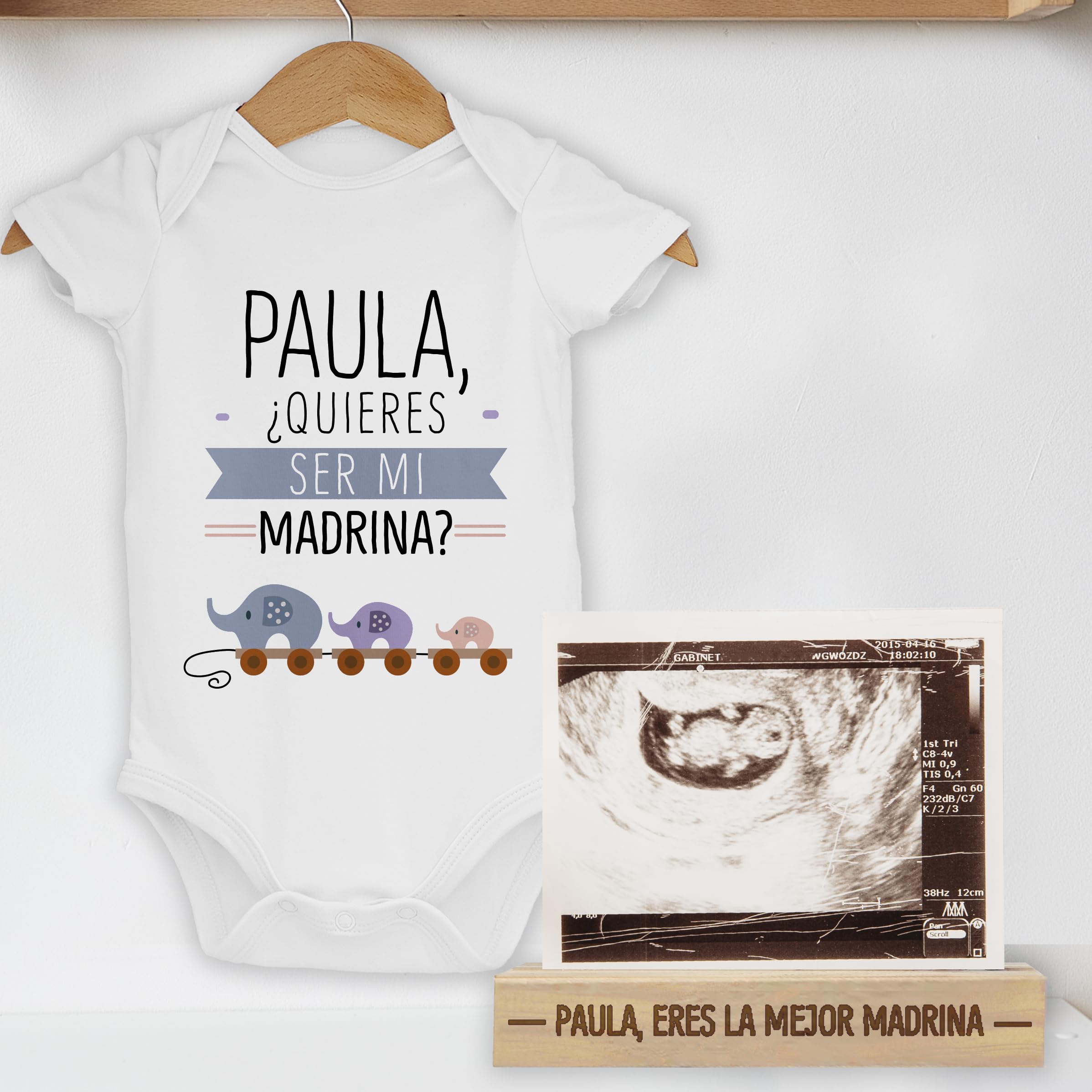 Pack body quieres ser mi padrino madrina y base madera personalizada nombre regalo original bebe bautizo boda pedida embarazo ecografía mejor recuerdo Elefantes