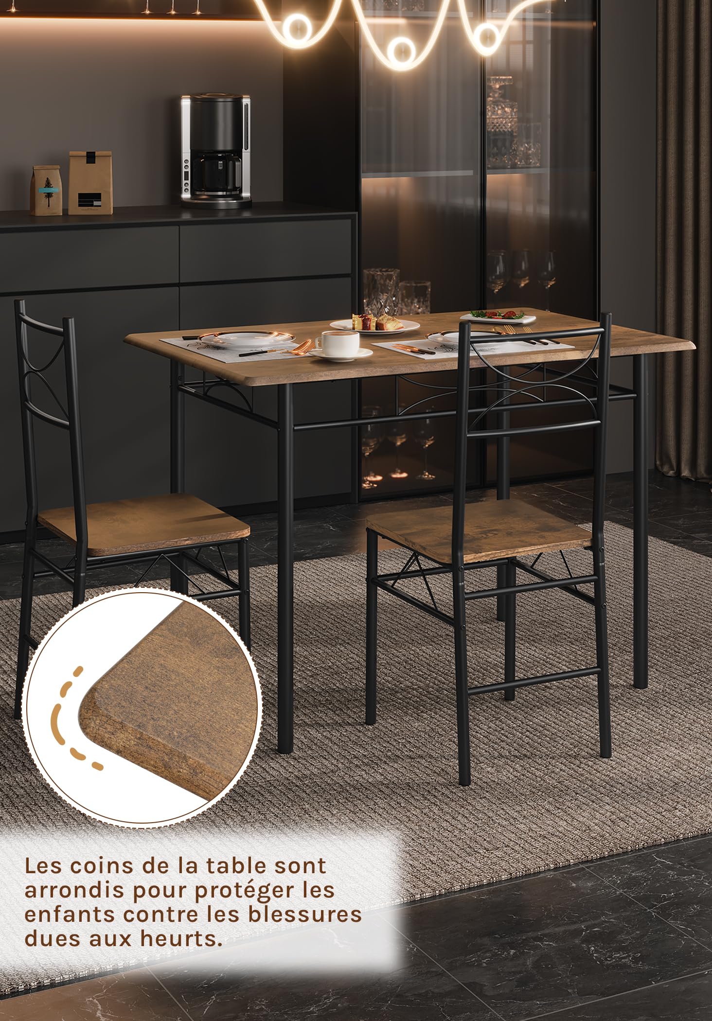 WOLTU Table à Manger avec 4 Chaises, Table de Cuisine pour 4 Personnes, MDF Métal Marron Rustique Noir