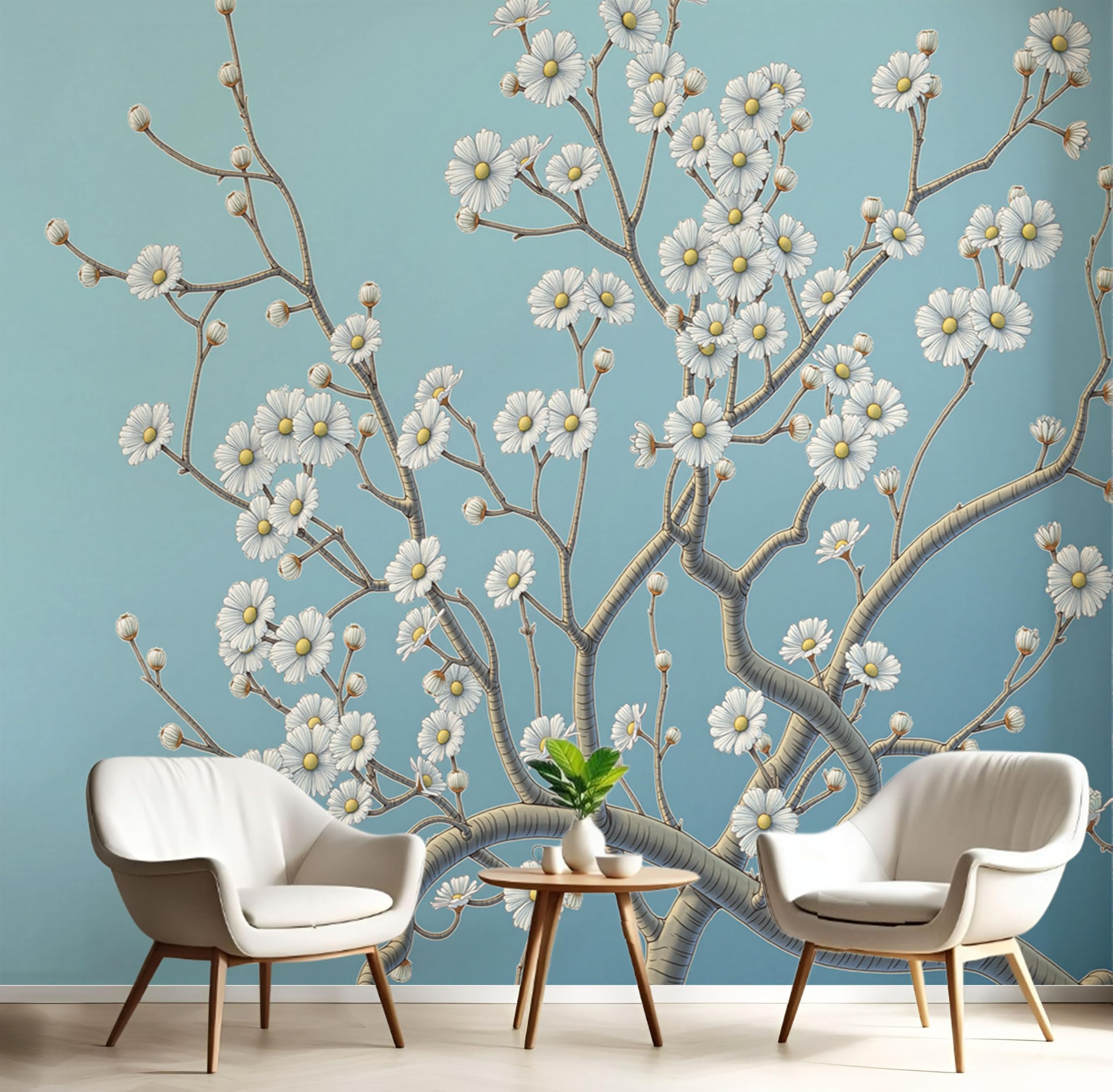 Papier peint panoramique bleu-vert fleur d'abricotier rétro 3D 350x256cm pour salon