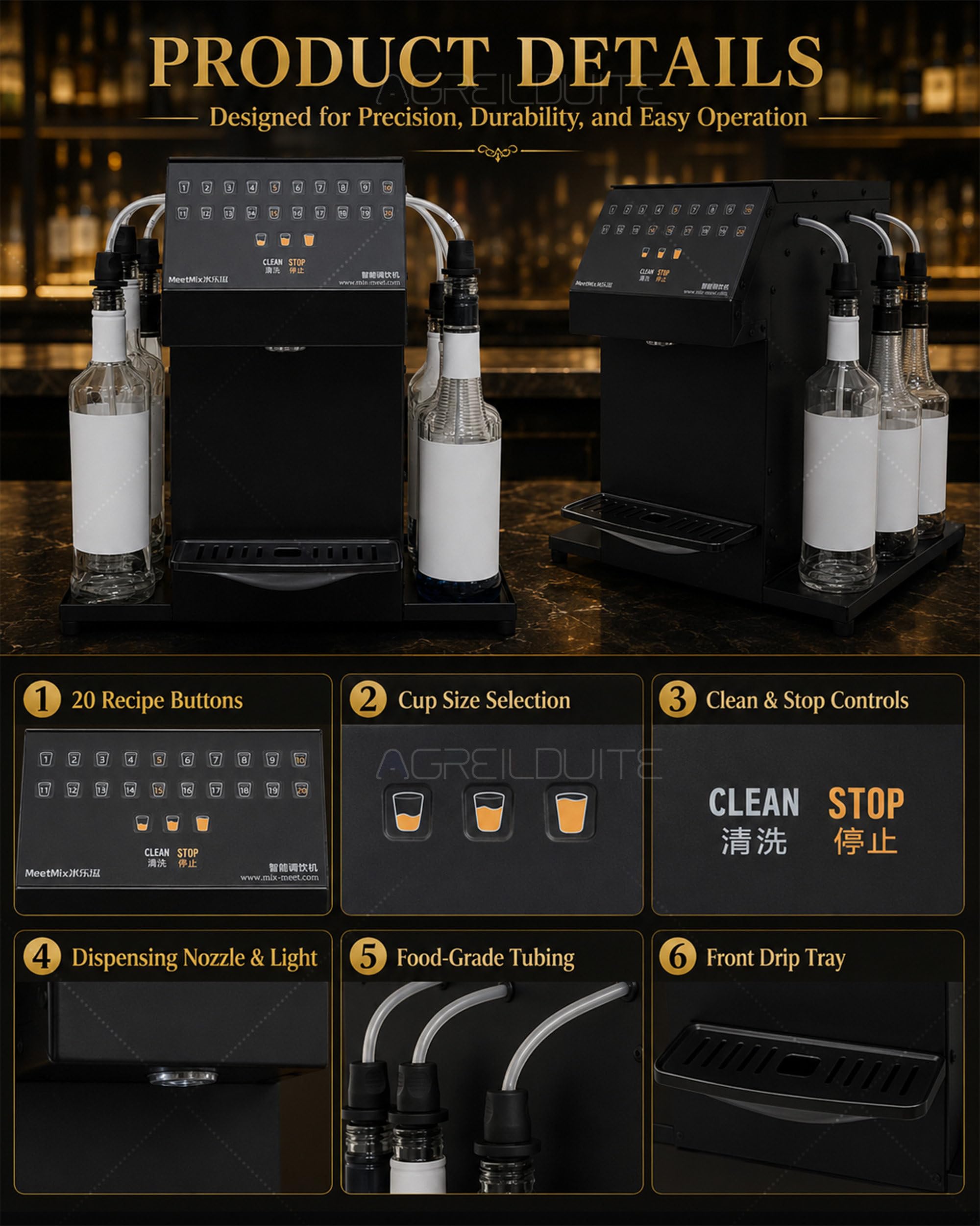 Kit para preparar cócteles en un bar, estación de cócteles profesional automatizada con función de autolimpieza, máquina inteligente para preparar bebidas con capacidad para 6 botellas de licores
