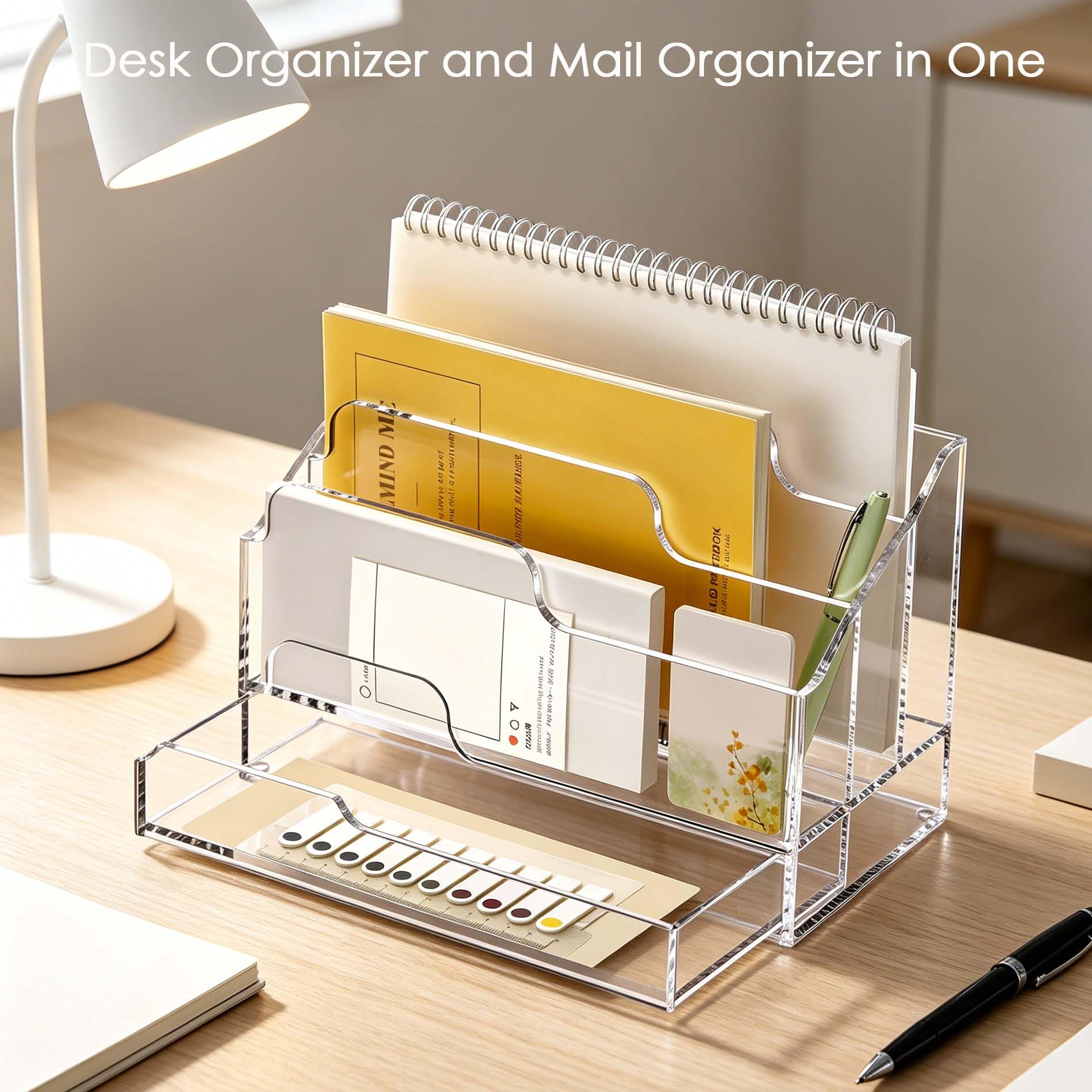 Organizer per posta in acrilico trasparente con cassetto, 4 scomparti, organizer da scrivania per cartelle Manila, forniture per ufficio, banconote e lettere, elegante portaoggetti da tavolo per casa