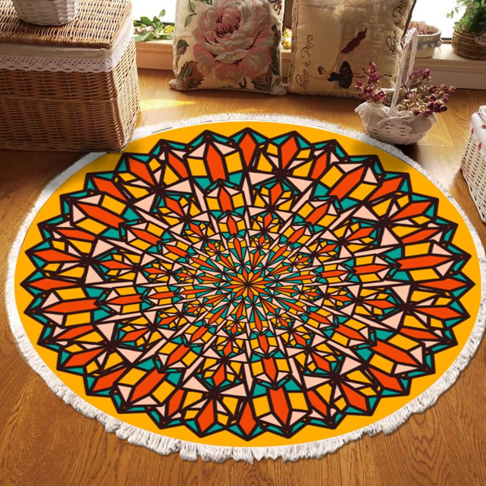 Waschbare Teppiche, Polyester Mandala-Muster mit Quaste Rund 200CM Teppiche für Terrasse Balkon Wohnzimmer & Küche, Gelb Orange, Stil 2