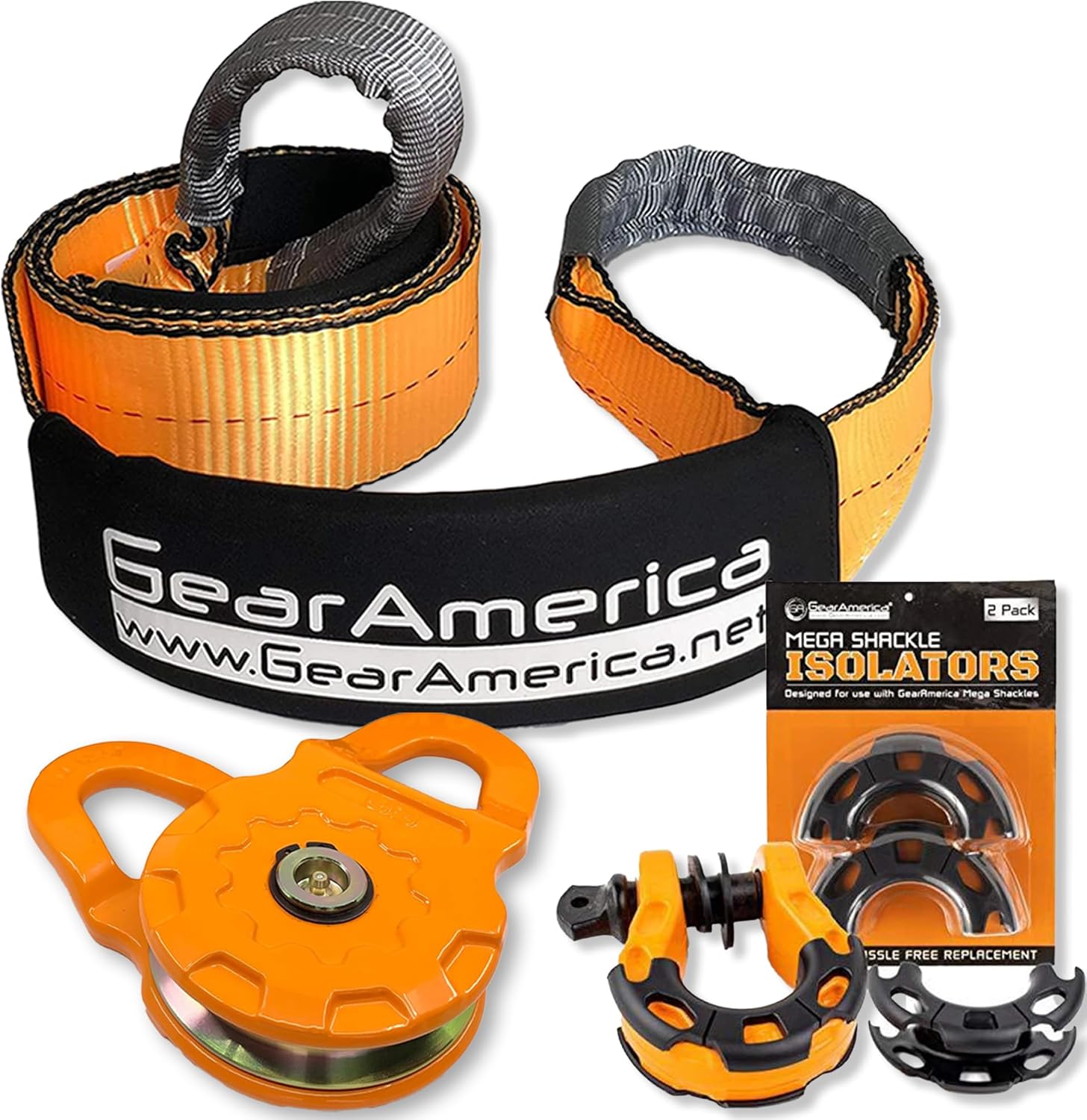 Mega Shackles Isolators – Only for GA Mega Shackles (Pack of 2) + 1 Mega Snatch Block – 50,000 lbs (25T) MBS, 25,000 lbs (12.5T) WLL + 1 Tree Saver Strap 3" x 8' – Certified 35053 lbs (17.5 US Tons)