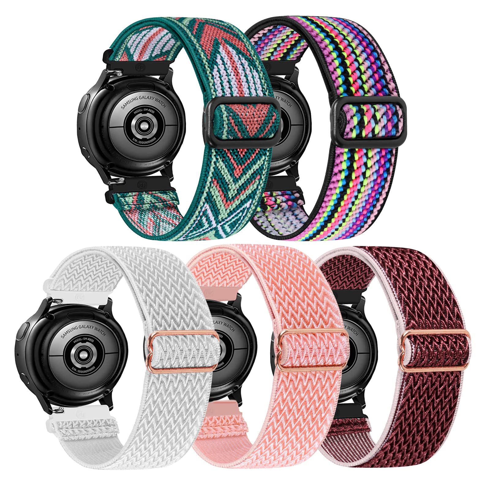 LHXYUO 20mm Sport Solo Loop Strap Compatible with Samsung Galaxy Watch 3 41mm/Galaxy Watch 42mm/Active 40mm/Active 2 40/44mm/Gear S2 Adjustable Stretch Braided Elastics Replacement Wristband (5 Pack)