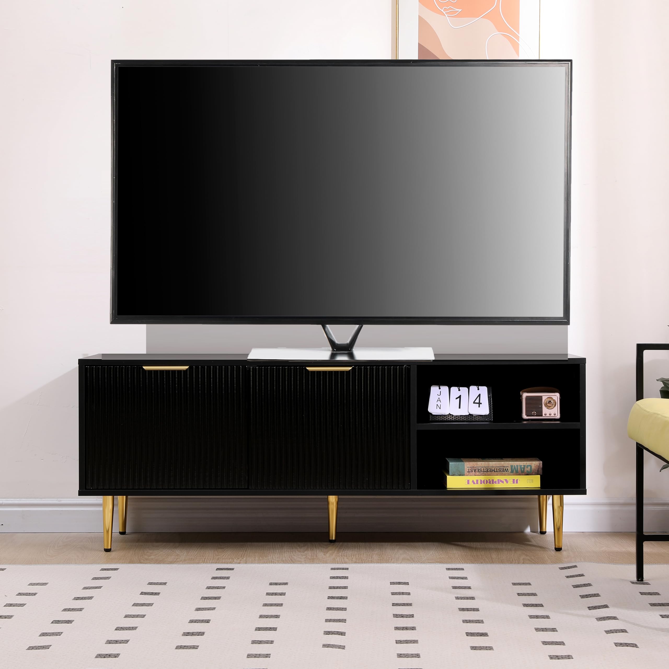 MMT Mobile porta TV con ante e gambe scanalate a coste lucide, 130 cm, mobile TV per TV fino a 65 pollici, disponibile in bianco o nero (nero)