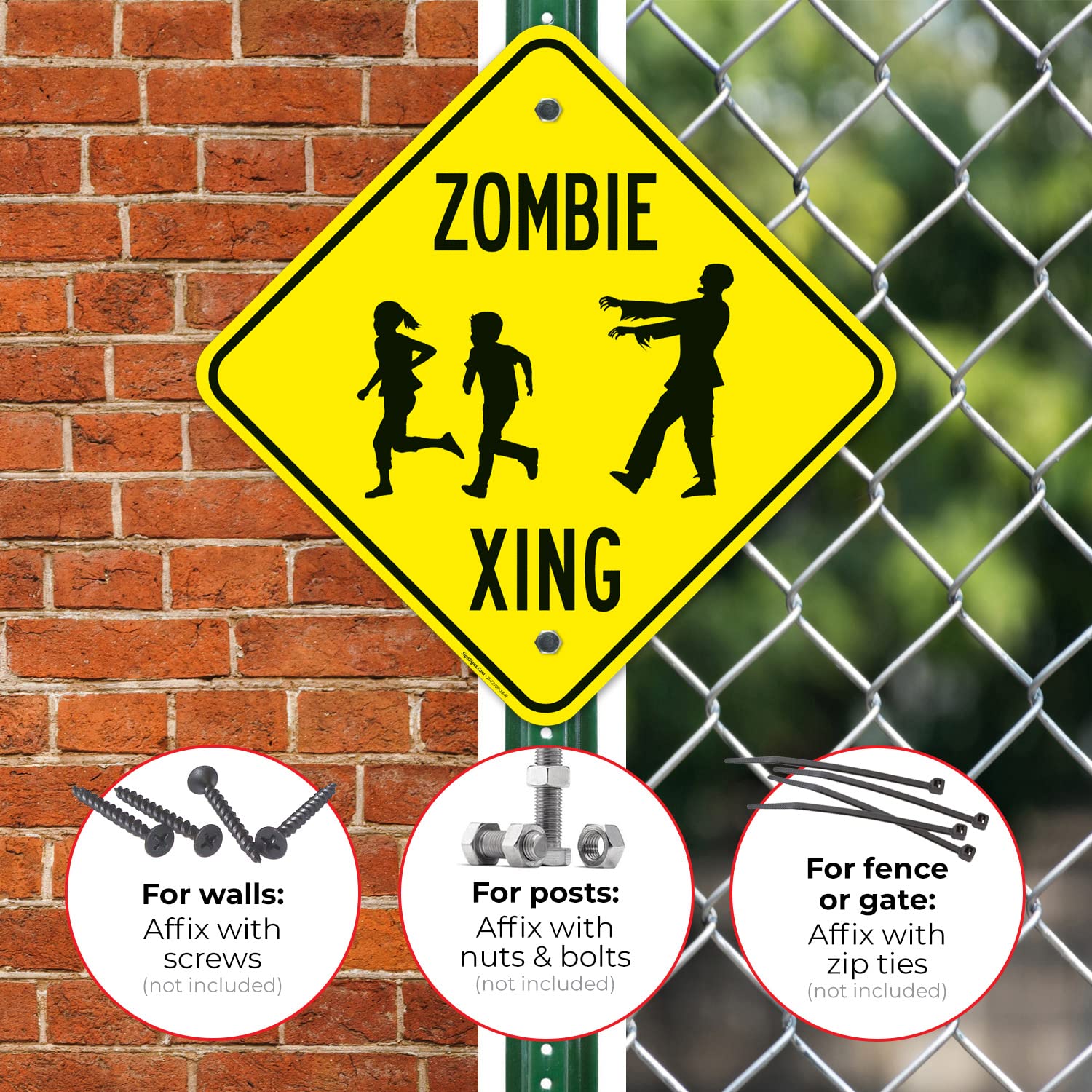 Zombie Crossing with Zombie and Kids Running Graphic Sign, 18x18 Inches, Rust Free .063 Aluminum, Fade Resistant, Made in USA