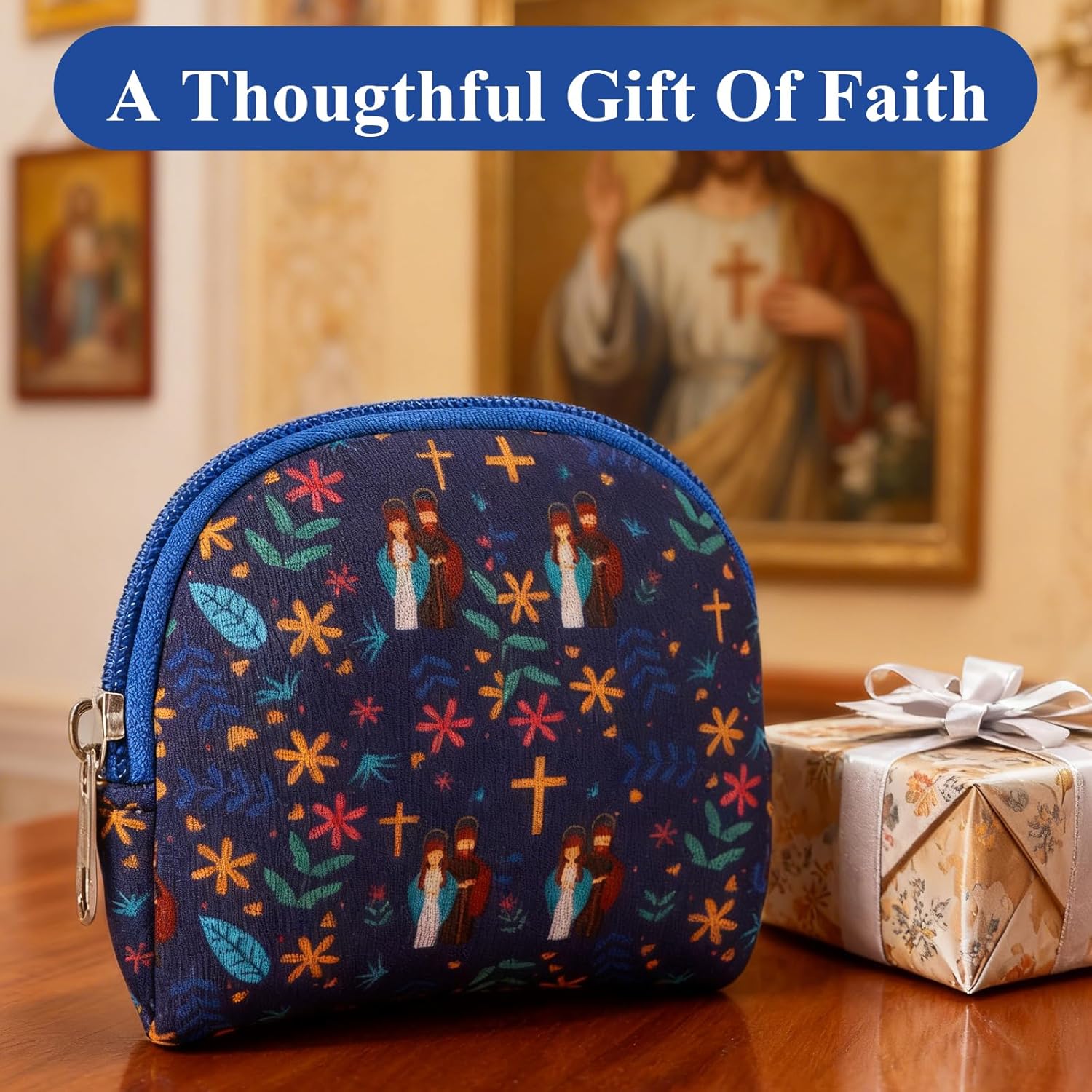 Rosary Pouch,Rosary Holder Case Bag with Cross and Floral Imprint,Gifts for Catholic Women Men,Zippered Catholic Pouch as Christian Gifts for Easter,Lent,and for Religious Travel - Image 5