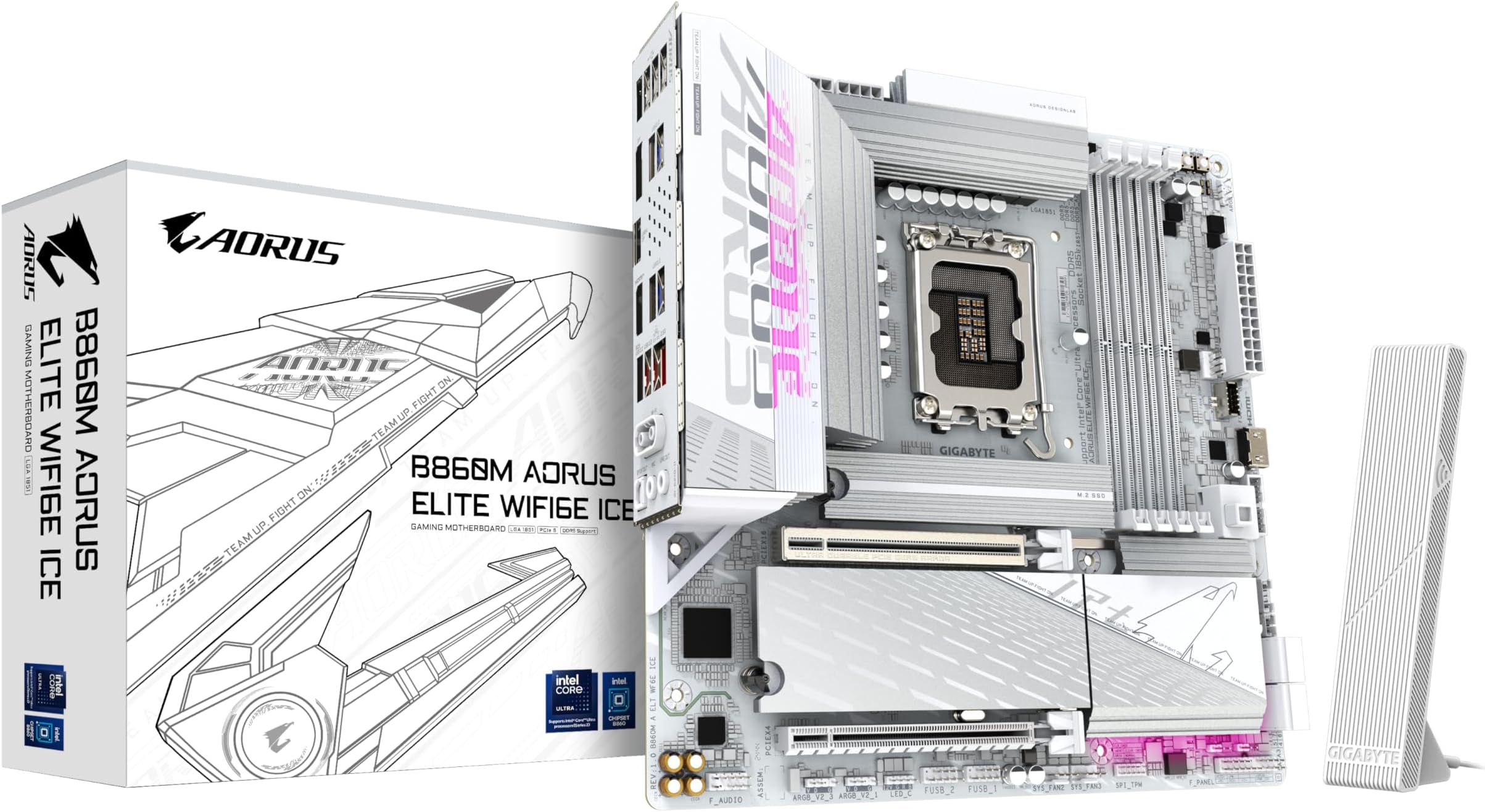 B860M AORUS ELITE WF6E ICE Motherboard - Intel Core Ultra Series CPUs, 12+1+2+1 Phases VRM, up to 9200MHz DDR5, 1xPCIe 5.0 + 2xPCIe 4.0 M.2, 2.5GbE LAN, WIFI 6E, USB 4