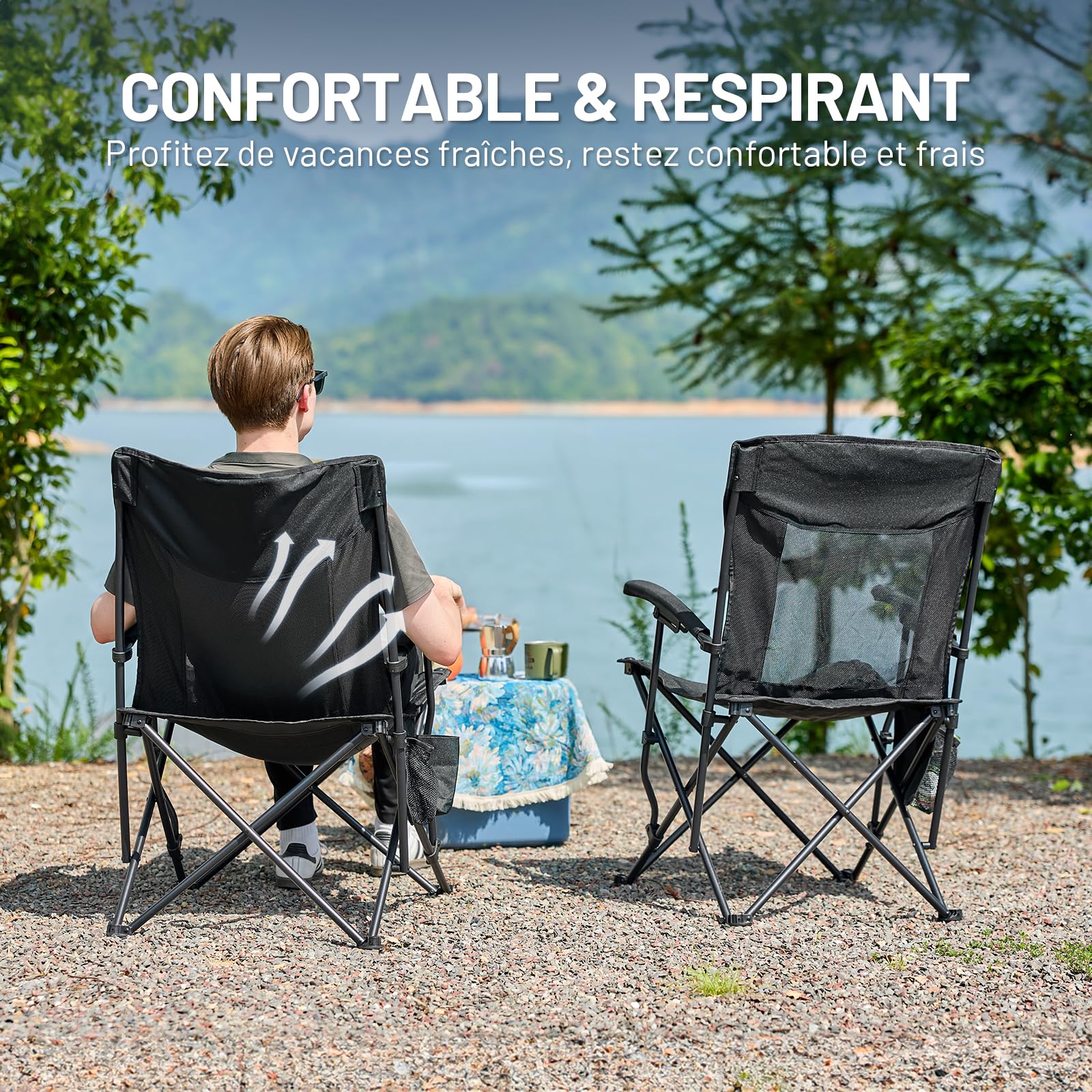TIMBER RIDGE Chaise de Camping Pliante pour Adultes 150kg Chaise de Plage Légère Fauteuil L'extérieur Dossier en Maille Confortable pour Camping Festival Pêche Jardin