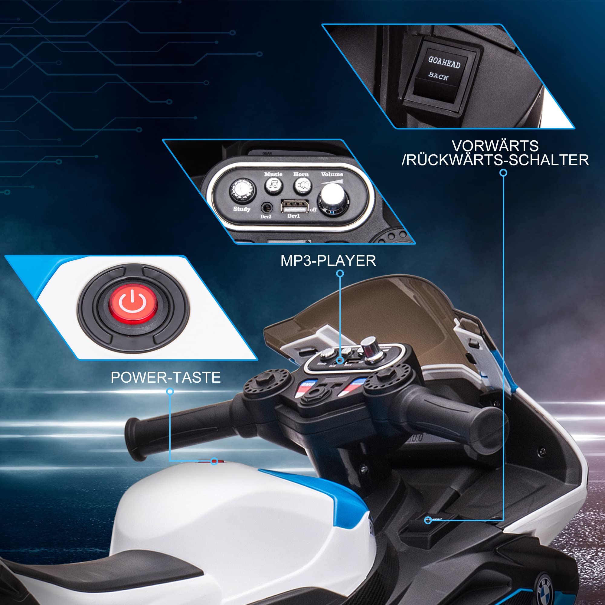 HOMCOM Elektro Kindermotorrad Elektromotorrad mit USB, 3 Musikmodi 2,5km/h Elektro Motorrad für Kinder ab 18 Monaten Blau