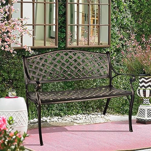 Miniatura 7 de TITIMO Banco de jardín para exteriores de 41 pulgadas con reposabrazos, silla de porche de aluminio fundido resistente para todo tipo de clima,