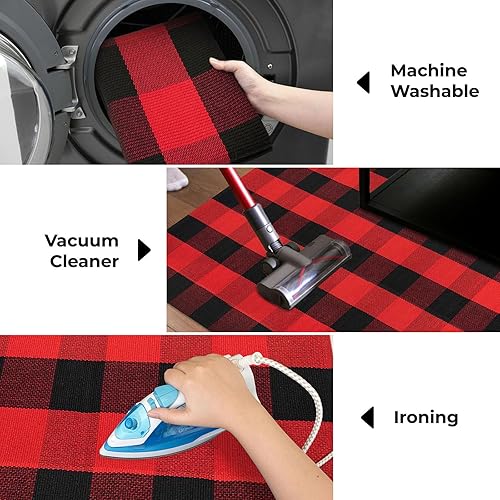 Miniatura 3 de KOZYFLY Alfombra de lana cuadriculada de 2 x 8 pies, color blanco y negro, lavable para pasillos, alfombra de algodón a cuadros para entrada,