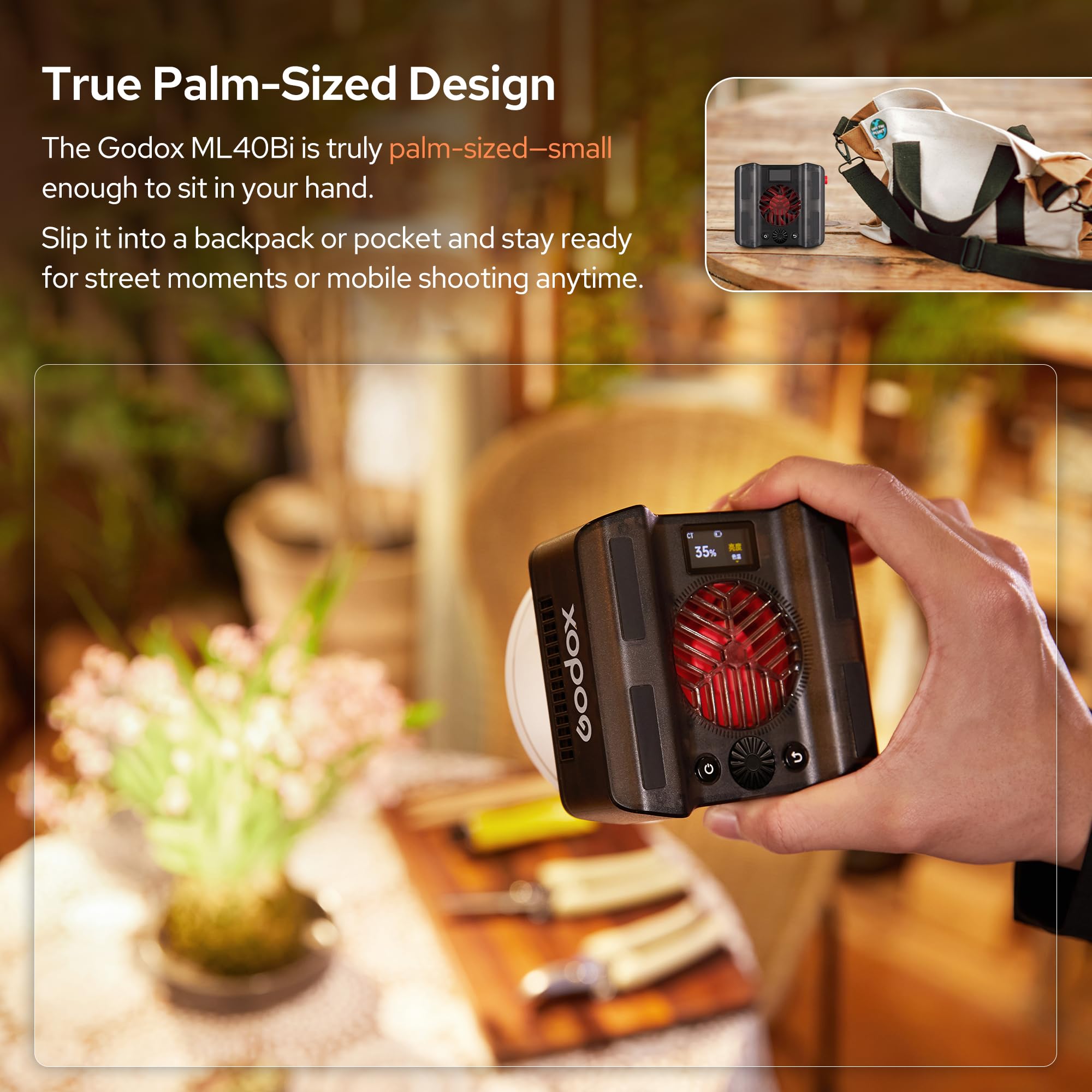 Godox ML40Bi LED portatile Video Light CCT 2800K-6500K con riflettore obiettivo Built-in APP Control & NFC