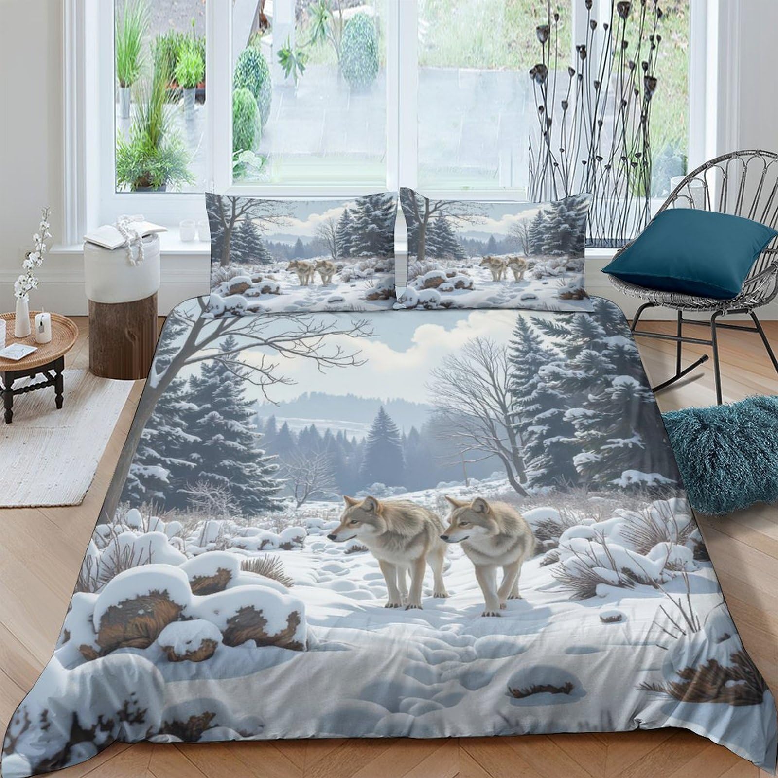 Ctjqhvkz Style-9 3D Printed Snowy Wolf Fitted Sheet Microfiber Soft Forest River Mattress Cover For Bedroom Guest Room Easy Care Single（135X200cm）