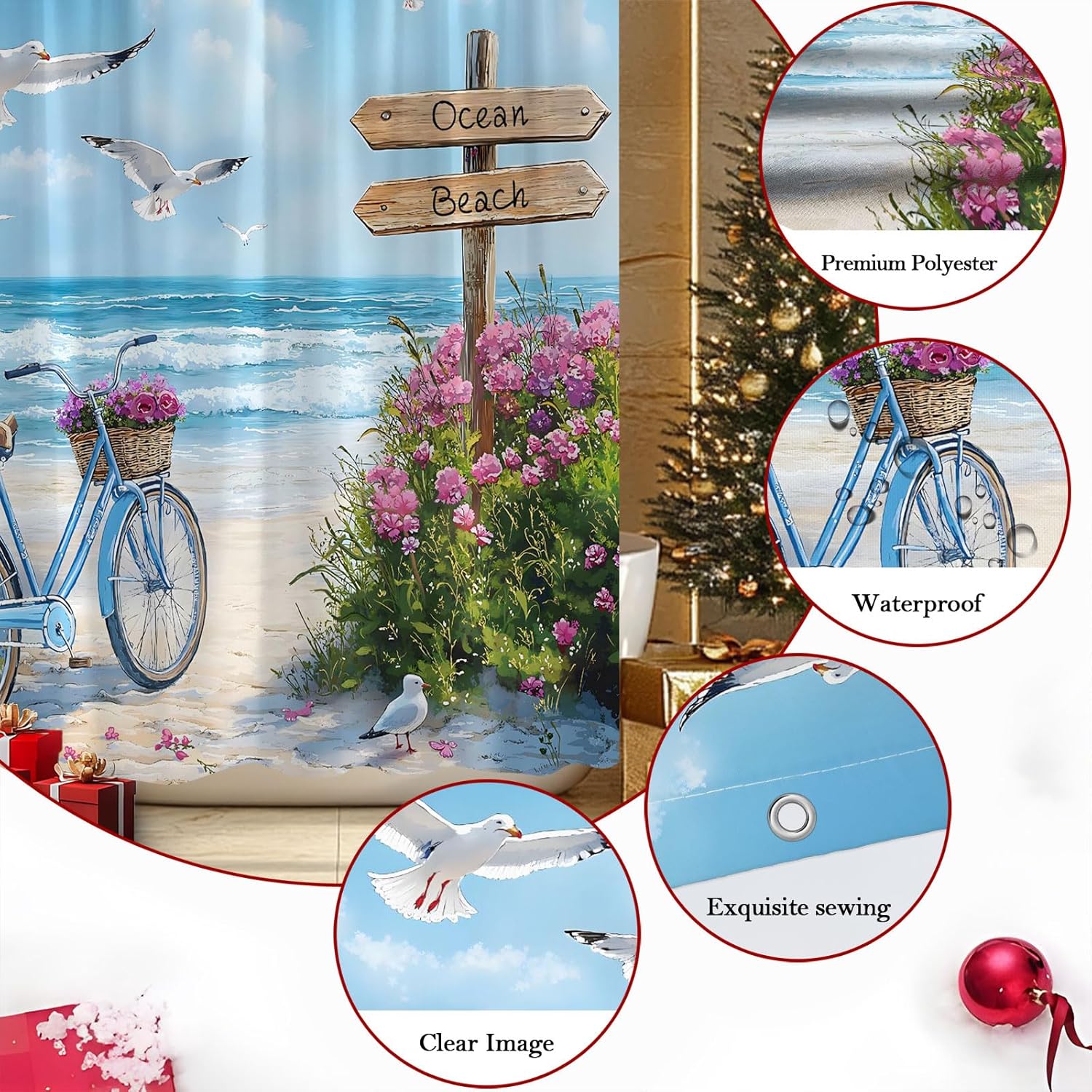 Ocean Beach Bicycle Shower Curtain Coastal Seasides Seagull Purple Blooming Flowers Blue Sea Nautical Tropical Summer Bathroom Polyester Curtains Set with Hooks 70x84 Inch