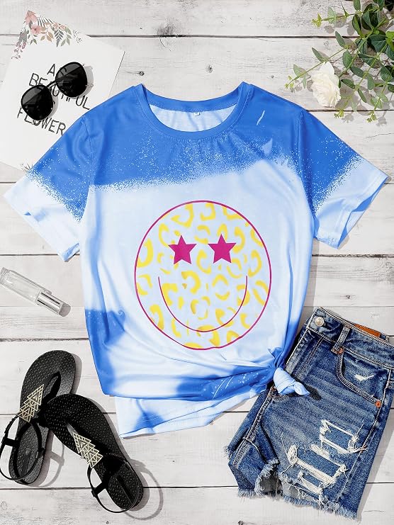 Ezcosplay Women Loose T Shirts Cute Happy Smile Graphic Tees Tie Dye Shirt Preppy Tops