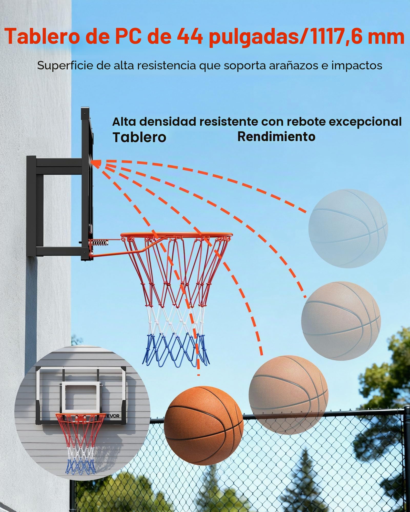 VEVOR Aro de Baloncesto, Montaje en Pared, con Tablero de Policarbonato de 1117,6 mm y 2 mm de Grosor, Red de Baloncesto de Nailon Tejido Reforzado, Ideal para Un Juego Profesional y Divertido