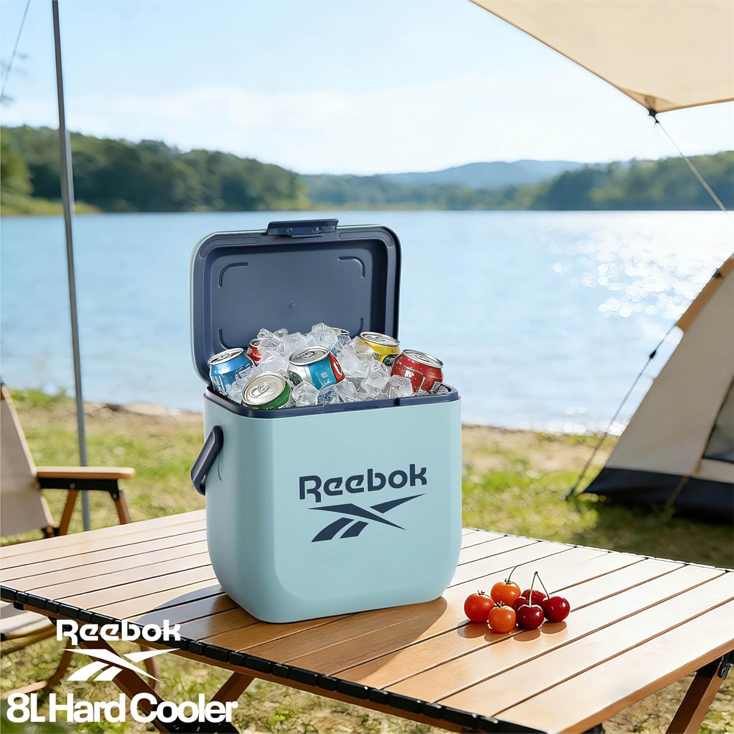 Reebok 8L Hard Cooler,Officially Licensed Portable Ice Chest with Handle, Holds 12 Cans, 12-Hour Ice Retention,Light Blue