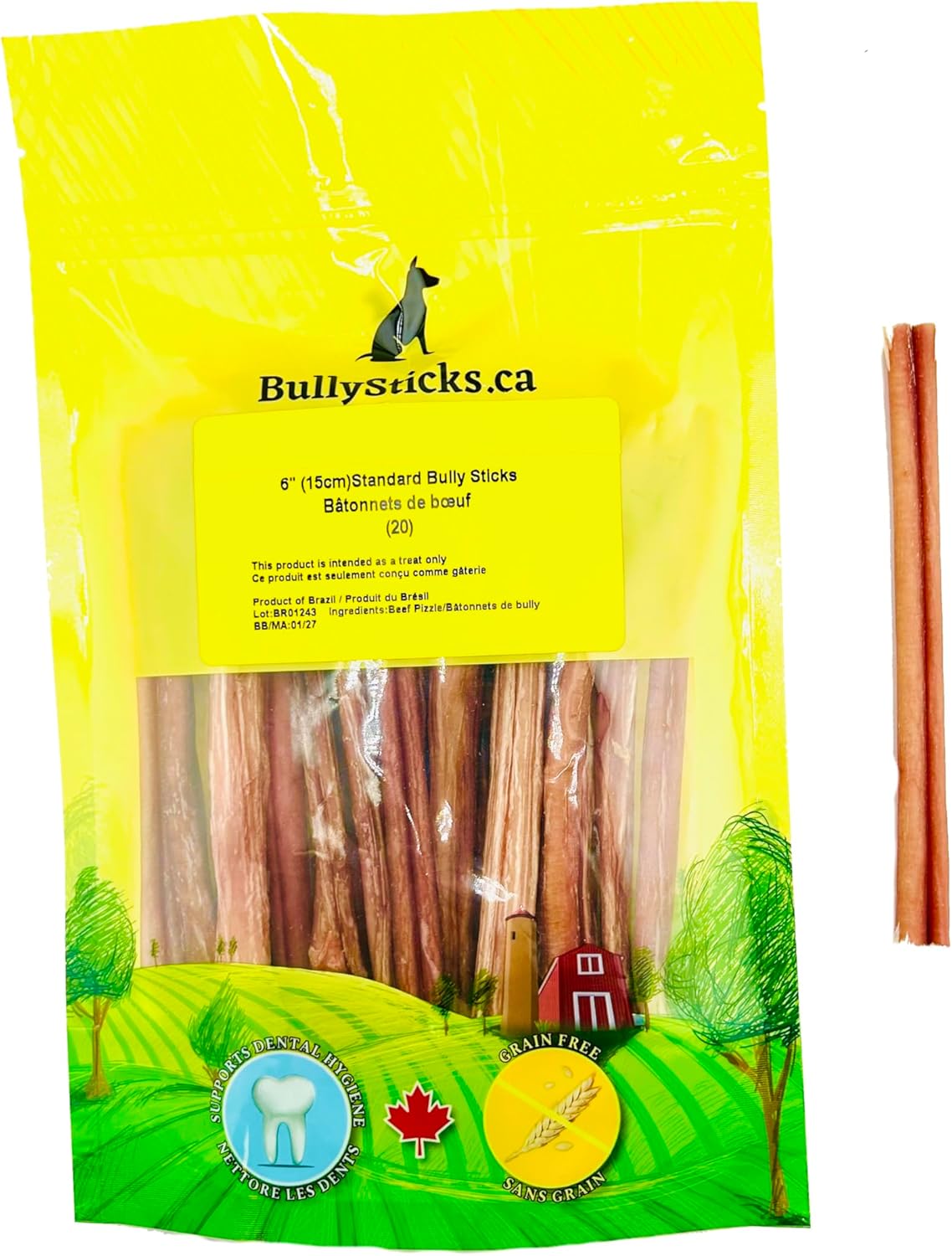 6″ Thin ODOURFREE Bully Sticks (20 Pack) Dental Chew-Rawhide Free-Single Ingredient All Natural Beef chew-consistent Size-for Small Dogs-Canadian Company