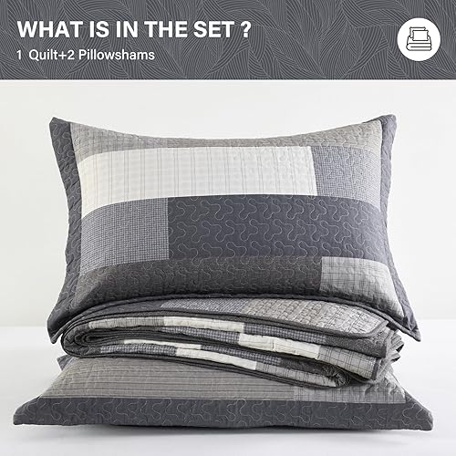 Miniatura 7 de SahSahCasa Edredón tamaño Queen, edredón acolchado a cuadros 100% algodón para cama Queen, colchas a rayas, ropa de cama ligera de retazos de granja