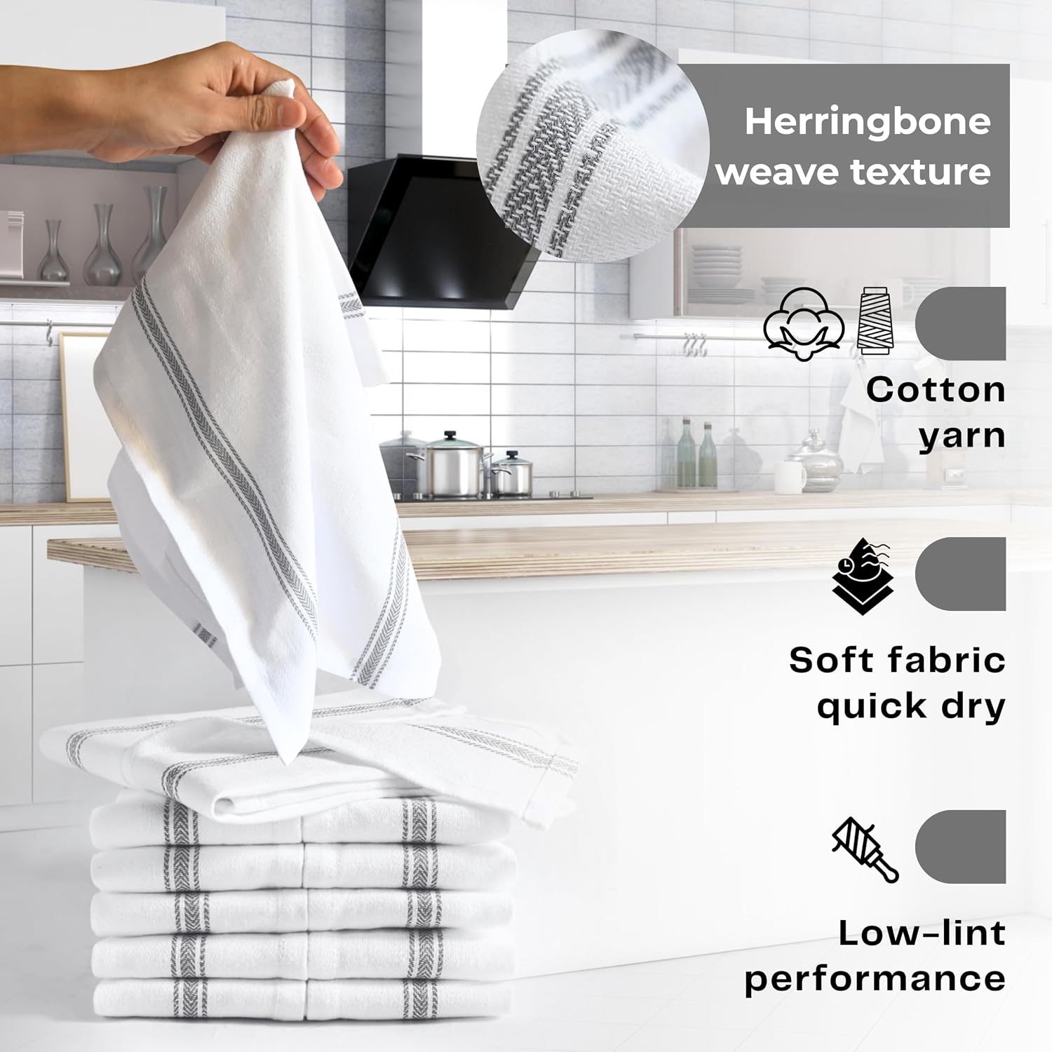Bulk Kitchen Towels Cotton for Chefs in Commercial Restaurants - 15"X25" - 6 Pack - White Linen Tea Dish Towels - Lint Free Soft Absorbent Side Gray Striped Herringbone Weave Towles