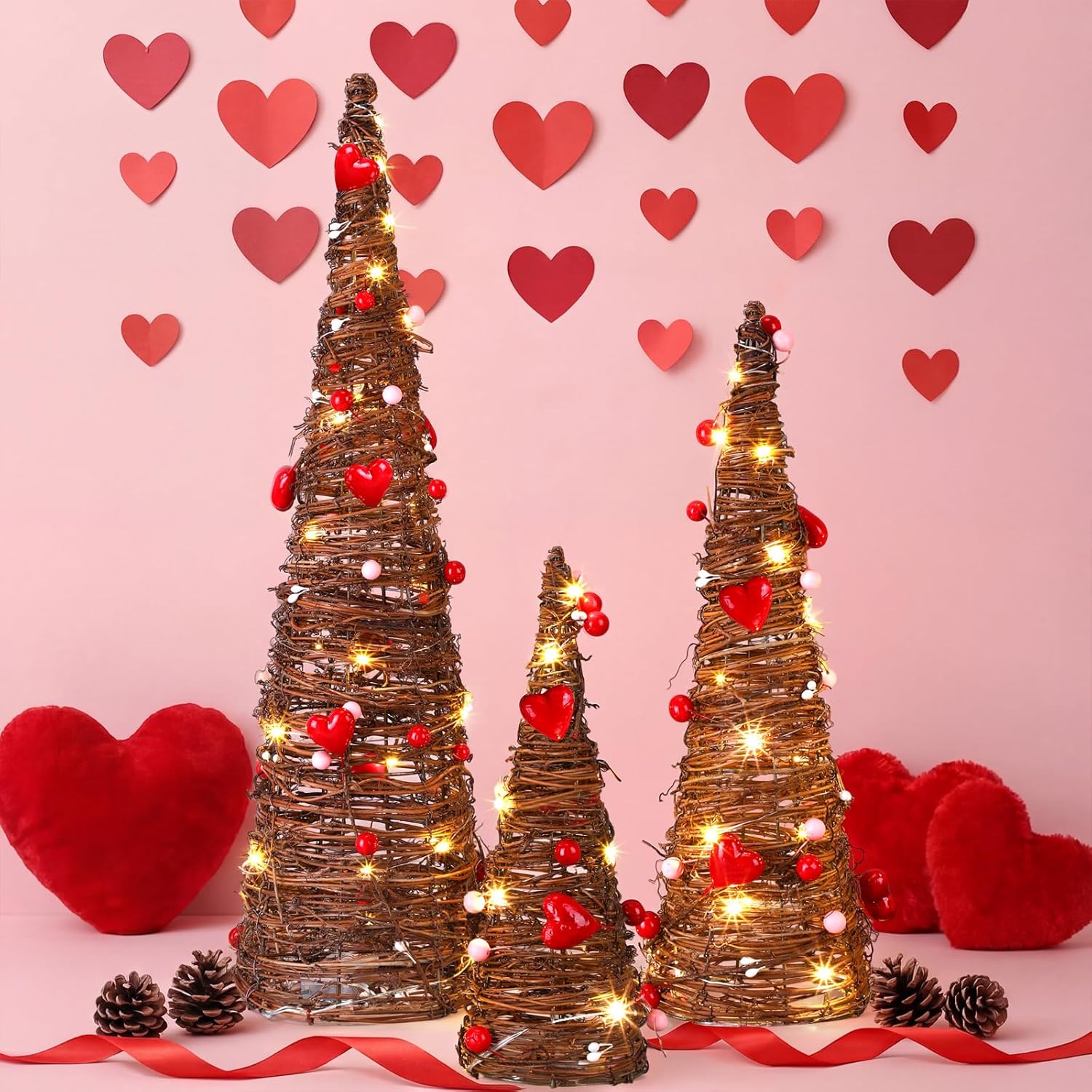 Jenaai 3 Lighted Valentine's Rattan Table Tree - 24'' 16'' 12'' Rattan Cone Trees with Berries Heart Pre-lit Romantic Decoration with LED Lights & Metal Frame for Home, Porch, Table Centerpiece Decor