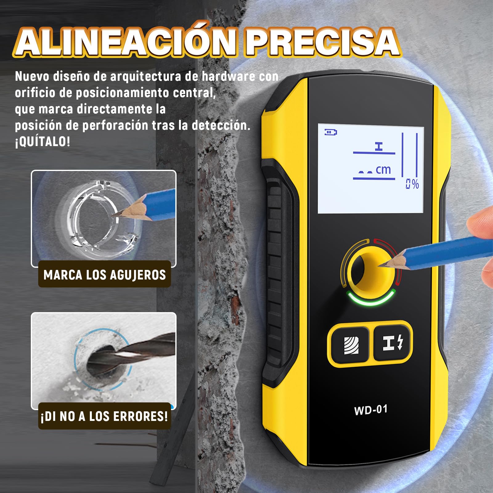 WD-01 Detector Cables y Tuberias,Escáner de Paredes,3 en 1 Metal/Cables de CA/Madera Detector de tuberias de Agua,Chip antiinterferencias HPC,Pantalla LCD VA de segmentos Negativos,Apagado Automático