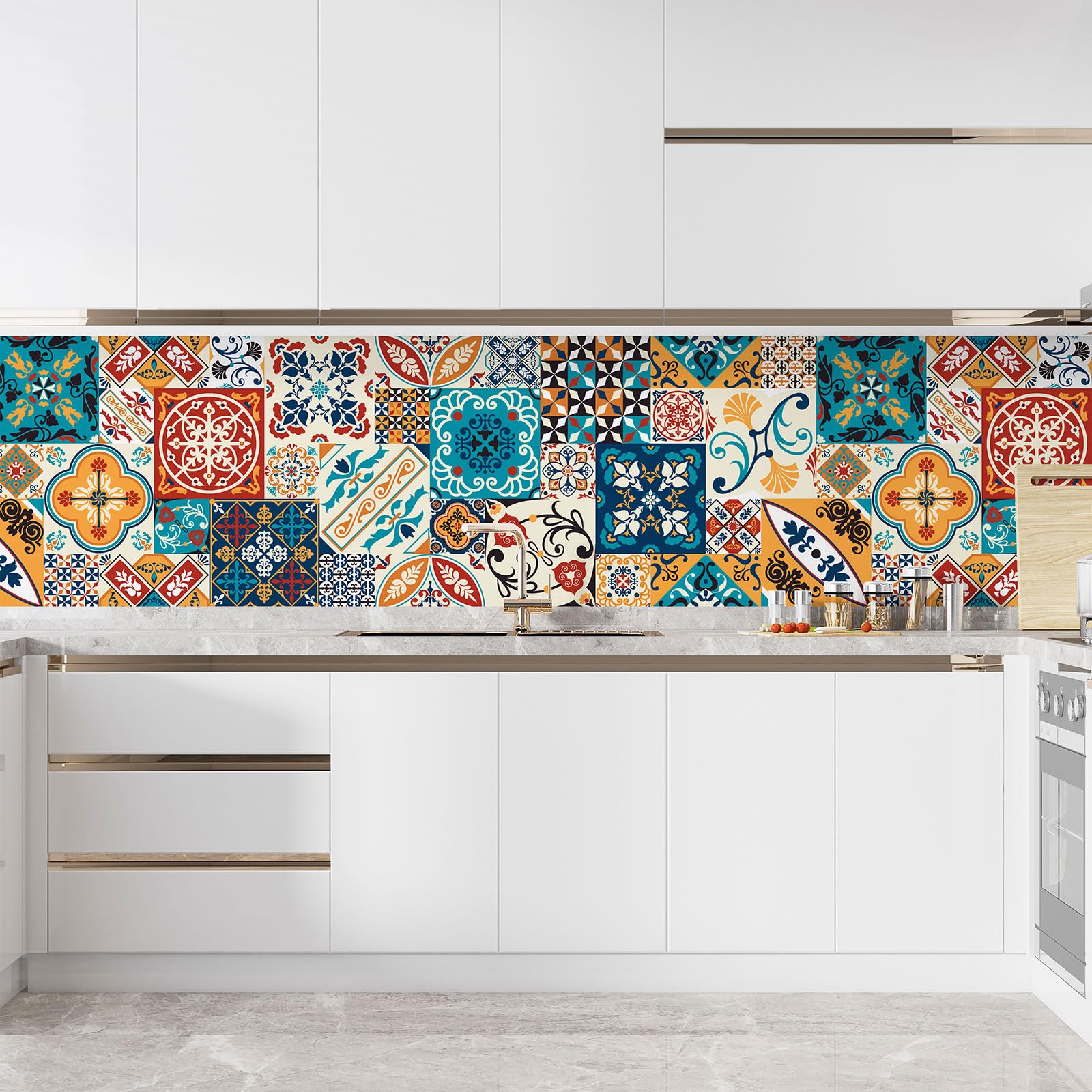 Lumalea Adesivo adesivo per cucina, effetto piastrelle di cemento, 3617682423798, adesivo + protezione lucida, 65 x 195 cm