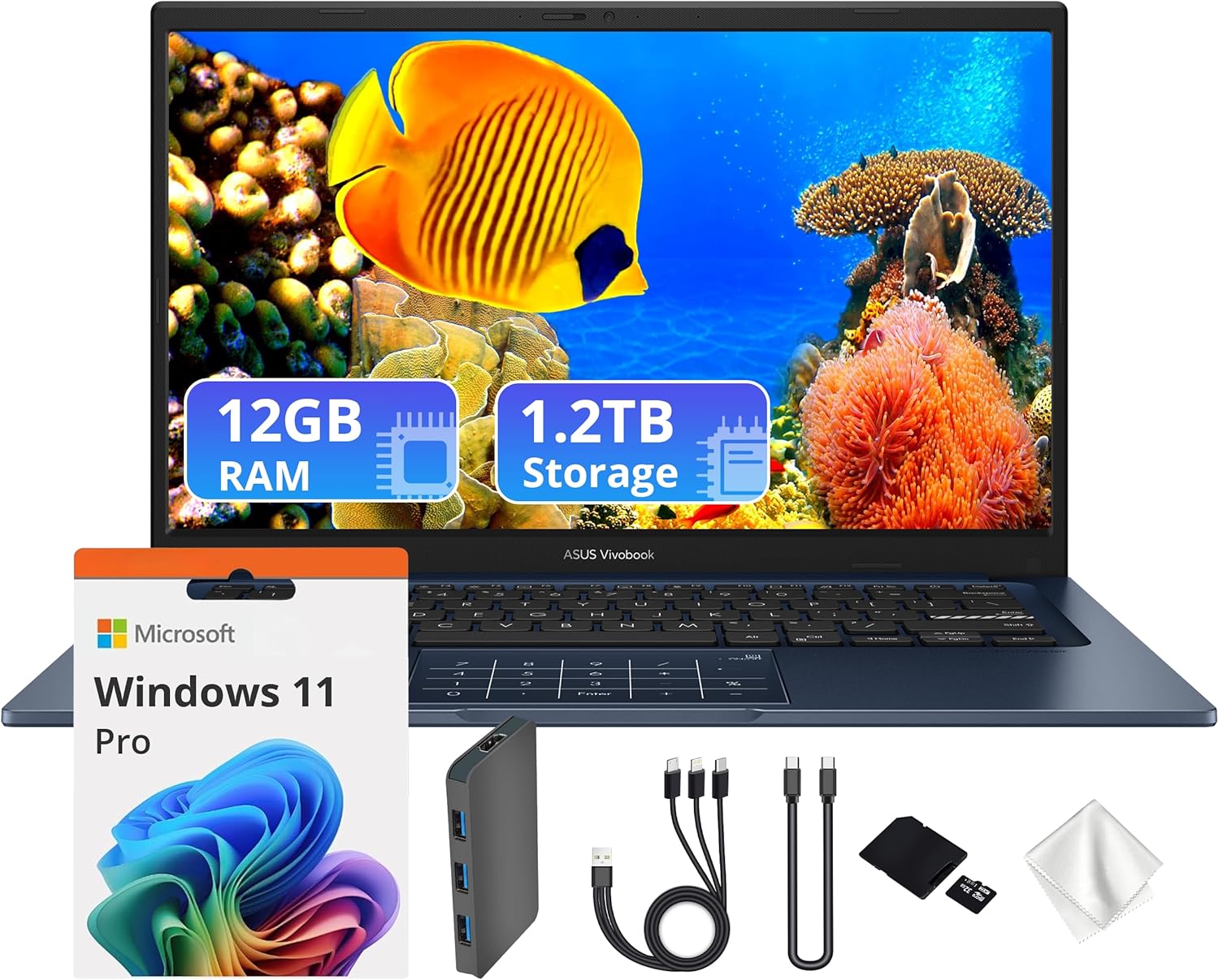 ASUS Vivobook 14" FHD Business Laptop, Intel i5-1334U, Intel UHD Graphics, 12GB RAM, 1.2TB Storage (256GB SSD&1TB Docking Station Set), Copilot, Webcam, Wi-Fi, Anti-Glare, Win 11 Pro, Blue