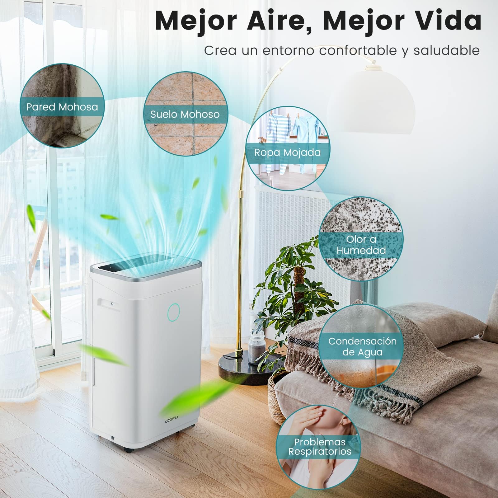 COSTWAY Deshumidificador 25L/Día, Depósito 6,5 L, hasta 30㎡, Temporizador 24 Horas, Pantalla LED, Depósito Extraíble y Desagüe Automático o Manual,Seca Ropa, Dry Compact 3 Modos
