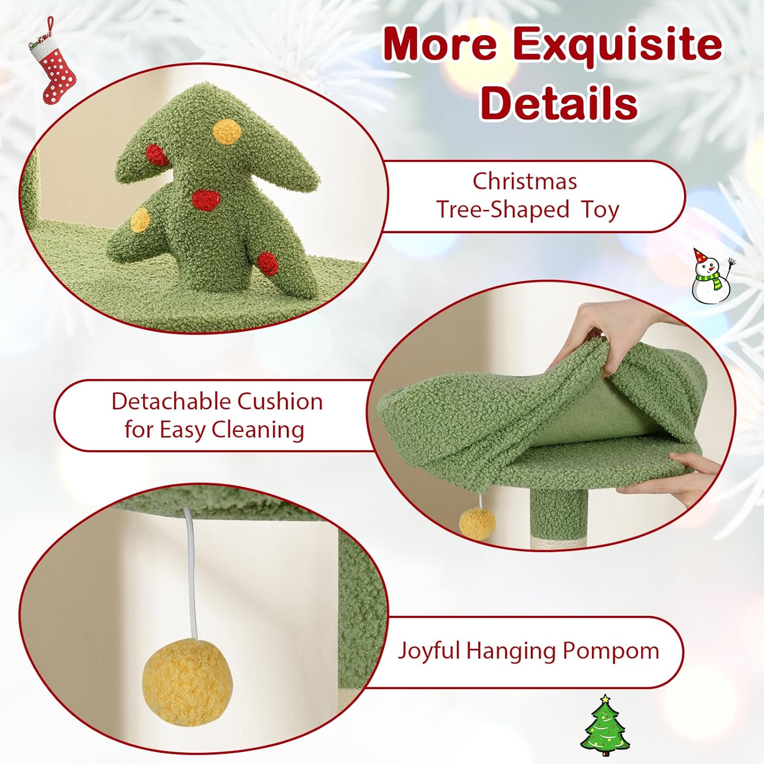 PETSITE 52 inch Cat Christmas Tree, Multi-Level Cat Tower with Sisal Scratching Posts & Board, Cat Condo, Basket Bed, and Detachable Hammock, Cute Cat Tree for Indoor Cats