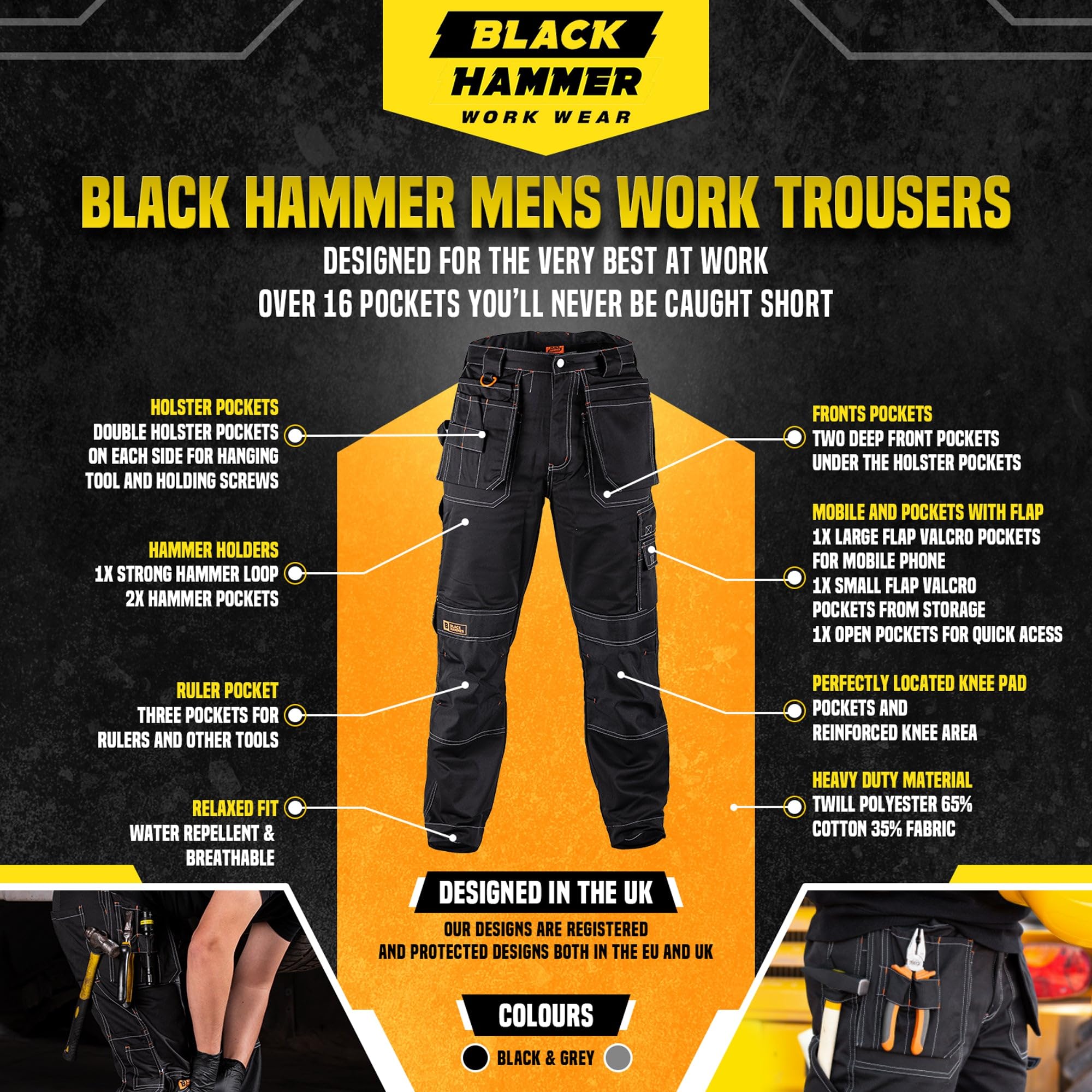 BLACK HAMMER Pantalones de Trabajo para Hombre Ropa de Trabajo Cómoda y Resistente Pantalones de Trabajo de Seguridad Ajuste Relajado Estilo Cargo Resistente al Agua Zilla