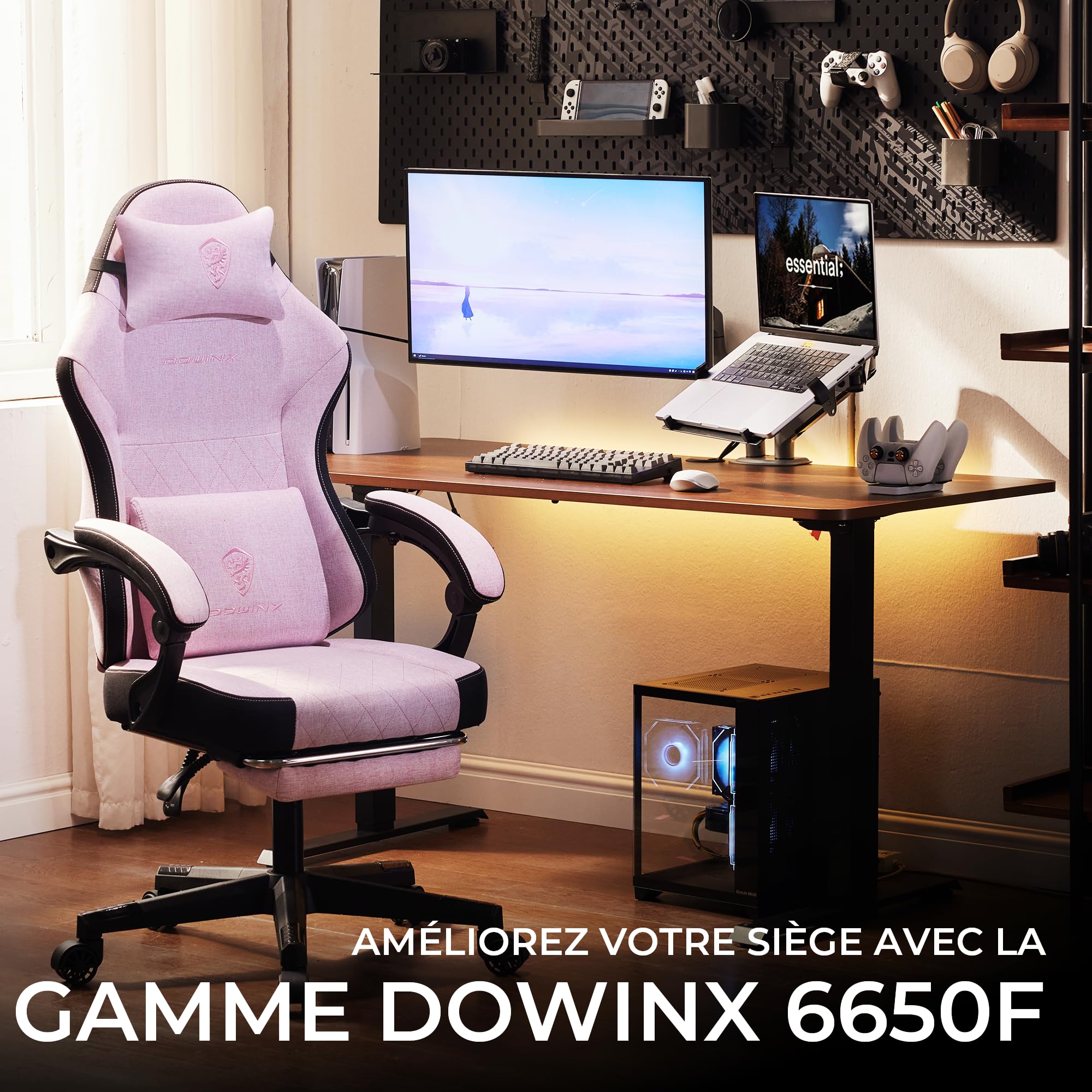 Dowinx Chaise de Gaming en Tissu avec Coussin de Printemps, Soutien Lombaire et Repose-Pieds pour Adultes, Fauteuil de Jeu Ergonomique, Grand et Haut, pour Jeux de Bureau, 135 kg, Rose